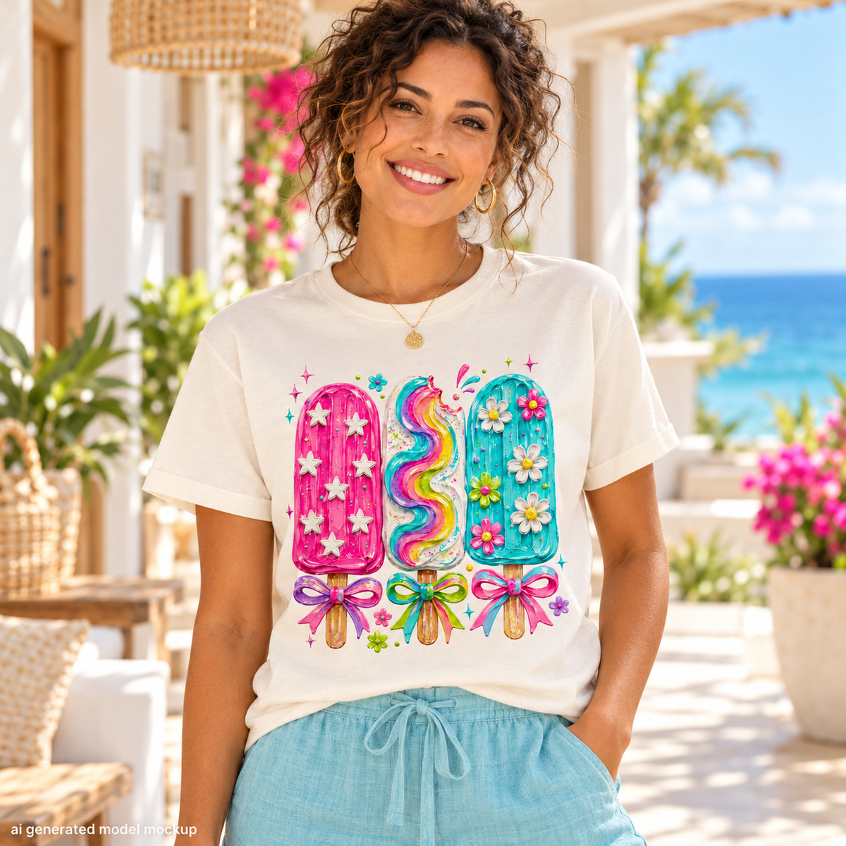Woman wearing a Natural Painted Icy Poles T-shirt with aqua linen trousers in a bright coastal setting.