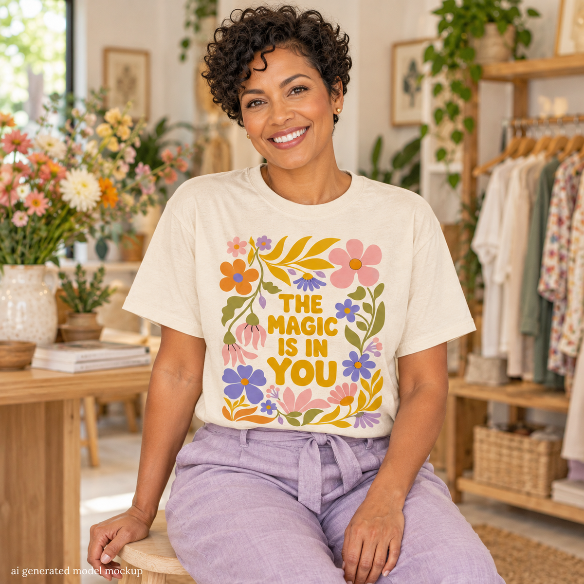 Woman wearing a Natural The Magic Is In You floral T-shirt with lilac linen trousers.