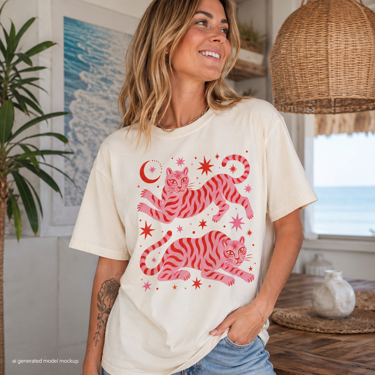 Cream t-shirt with pink tiger and celestial graphic print.
