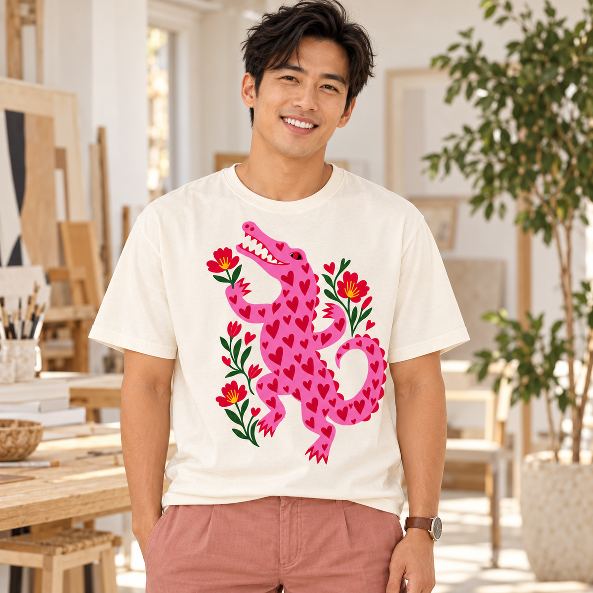 Man wearing an Ivory Pink Crocodile T-shirt with heart markings and red flowers in a bright art studio.
