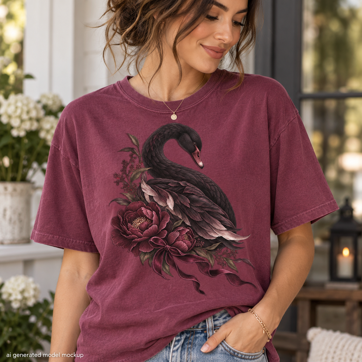 Maroon t-shirt with a black swan and floral graphic on the front.