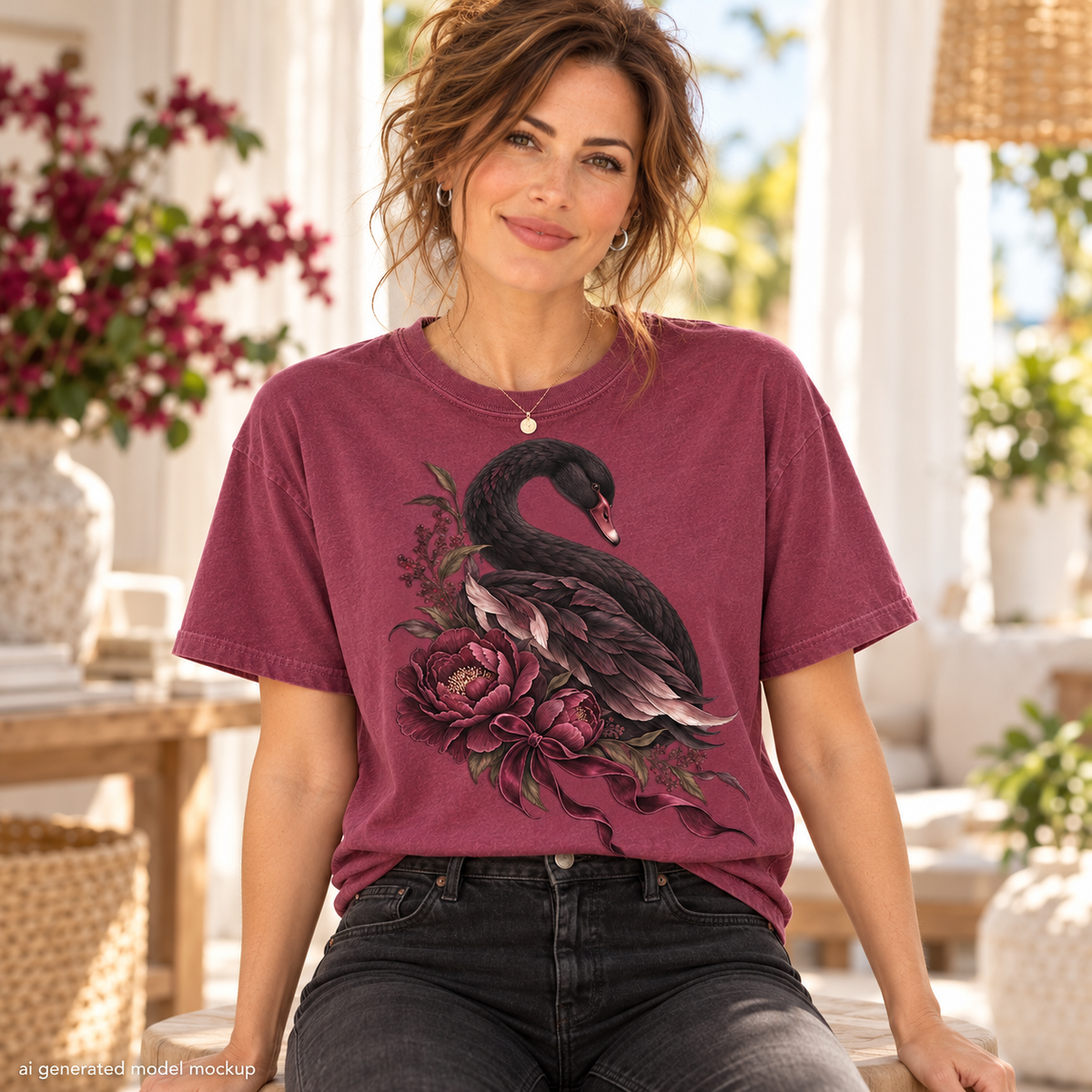 Woman wearing the Berry Plum Noir Black Swan T-shirt with black jeans in a bright boutique setting.