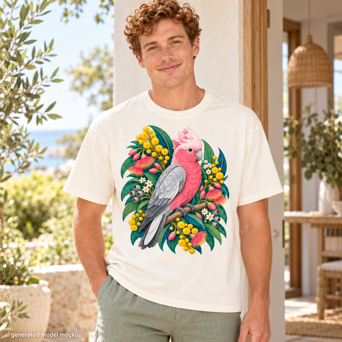 Man wearing the Ivory Galah T-shirt with colourful Australian native flowers and sage trousers.