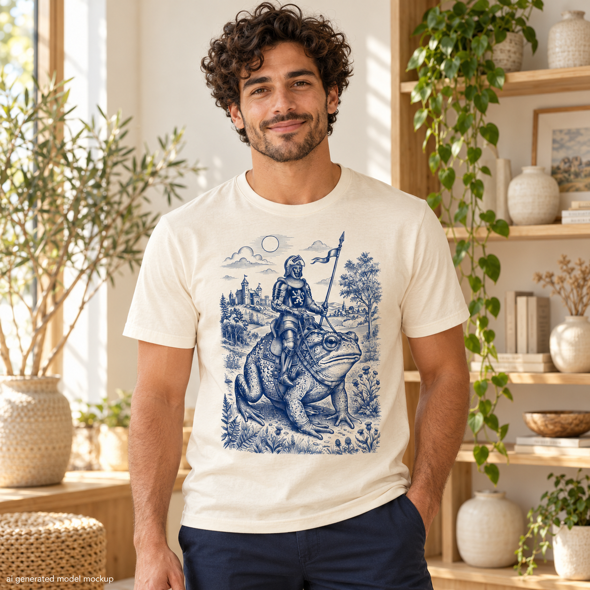 Man wearing a Natural T-shirt with blue artwork of a medieval knight riding a frog.