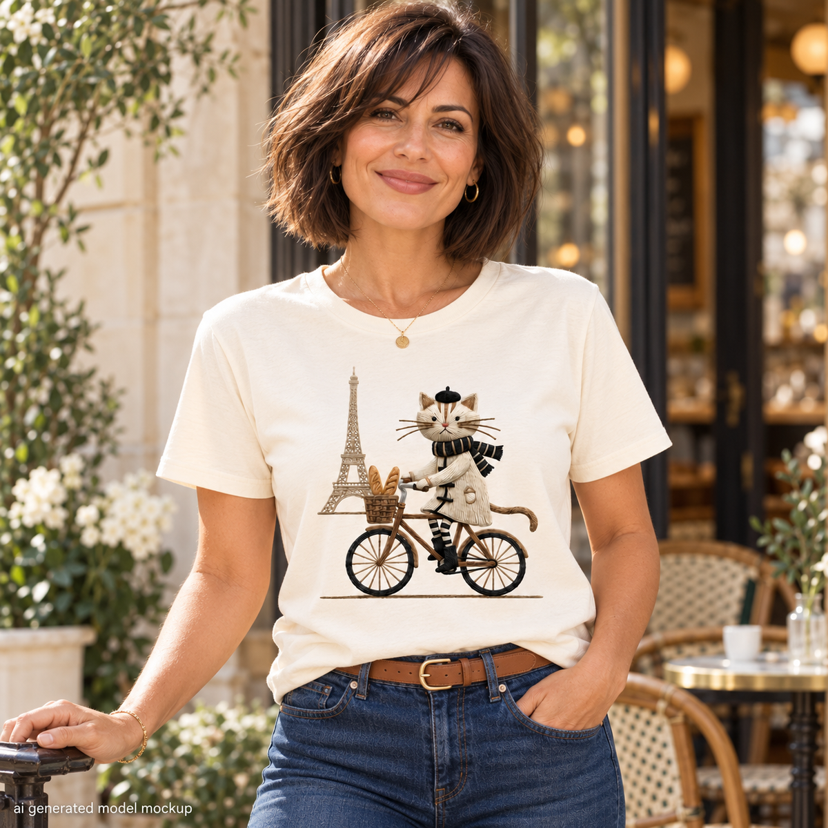 Woman wearing a Natural Paris Kitty T-shirt featuring a cat riding a bicycle beside the Eiffel Tower.