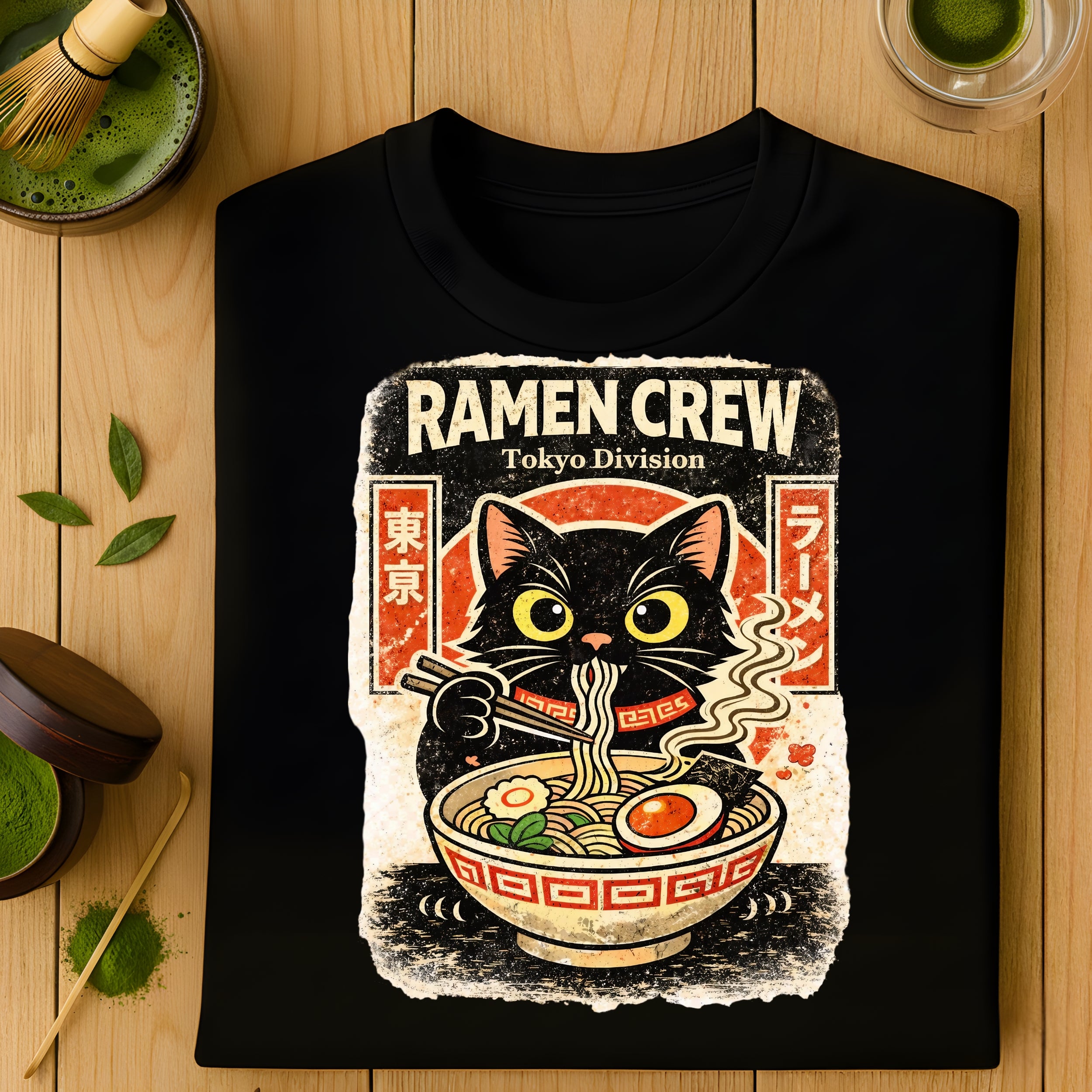 Ramen Crew Tokyo Division Cat Eating Noodles Shirt