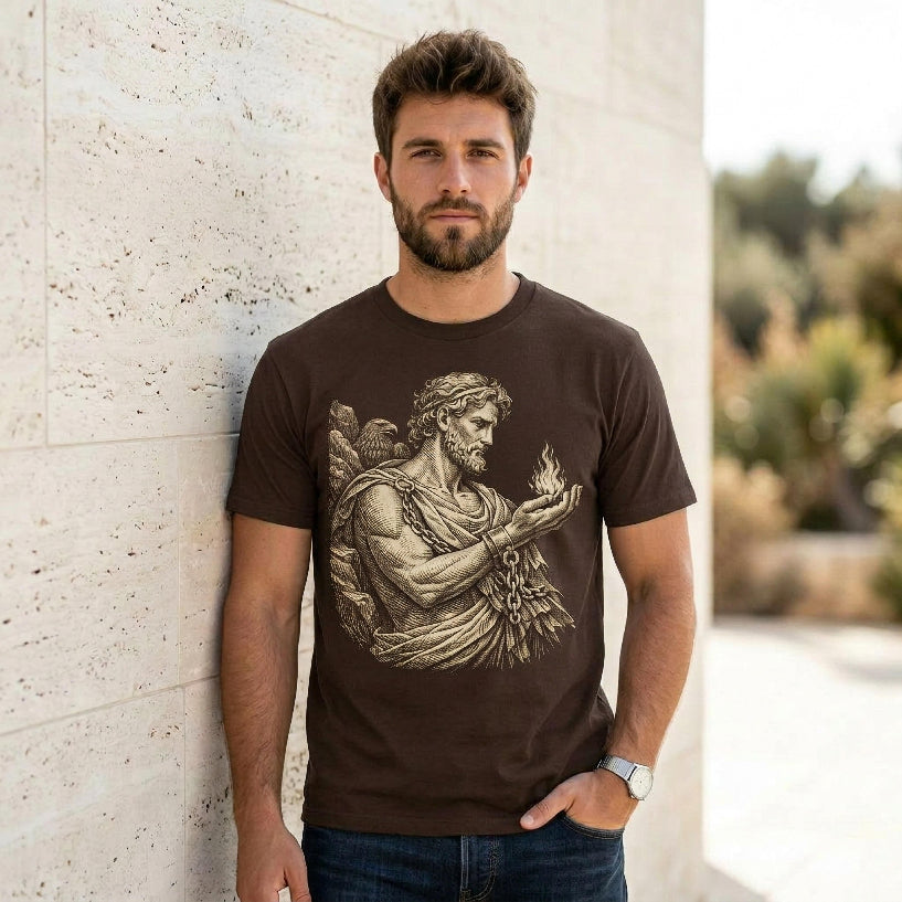 Man wearing brown t-shirt with ancient Greek art print of a figure holding a flame.