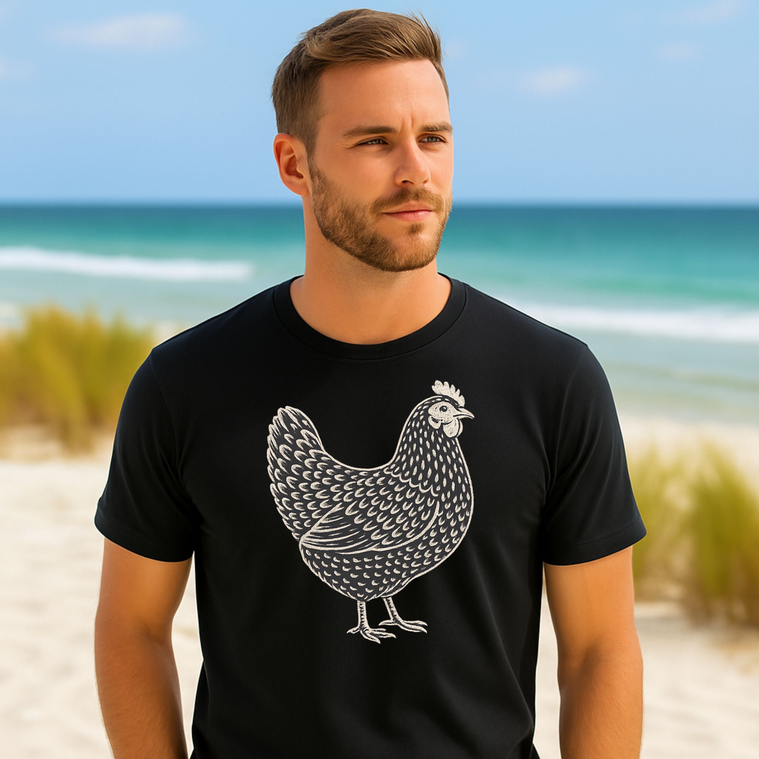 Stylish Mens Black T Shirt with Chicken Graphic Design
