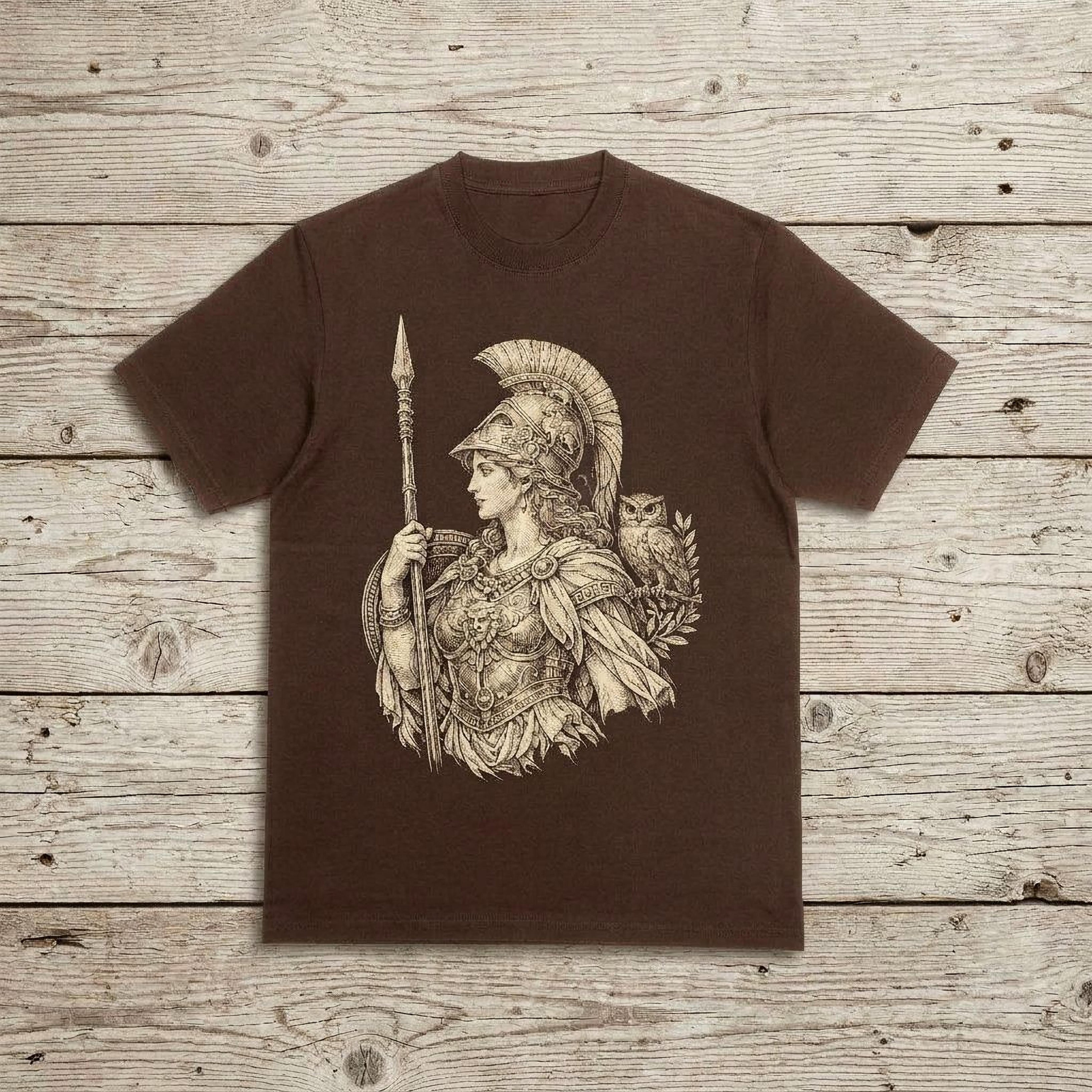 Brown t-shirt featuring a drawing of Athena holding a spear with an owl.