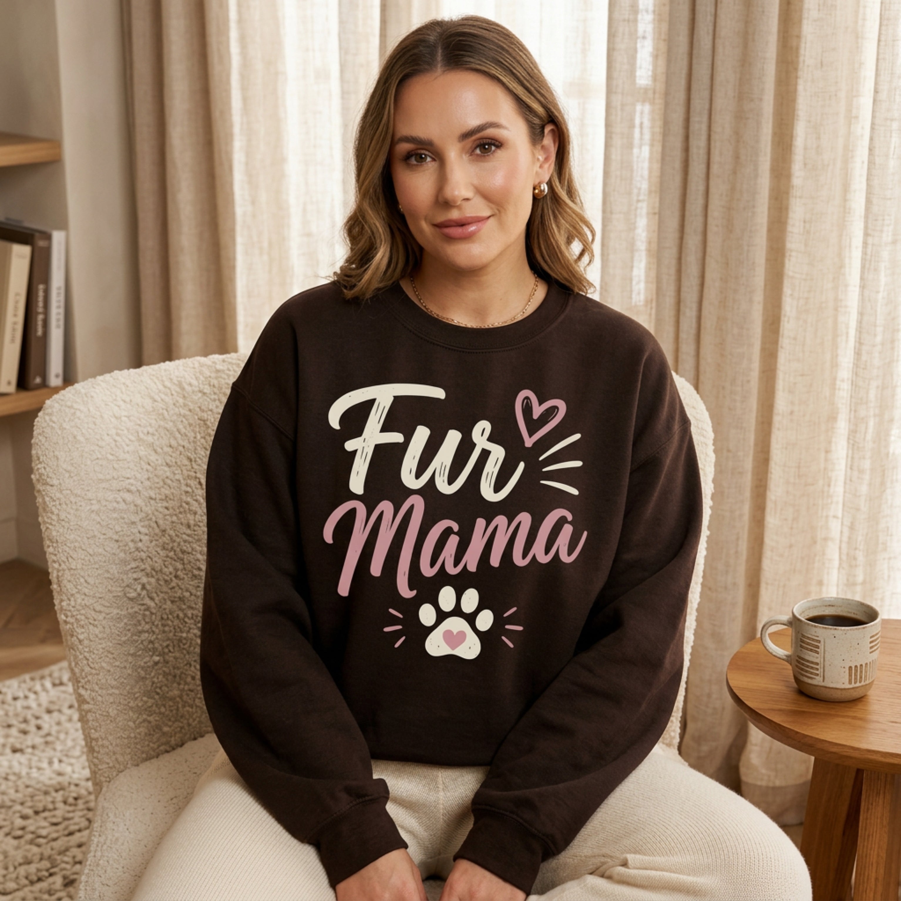 Brown sweatshirt with "Fur Mama" text and paw print.