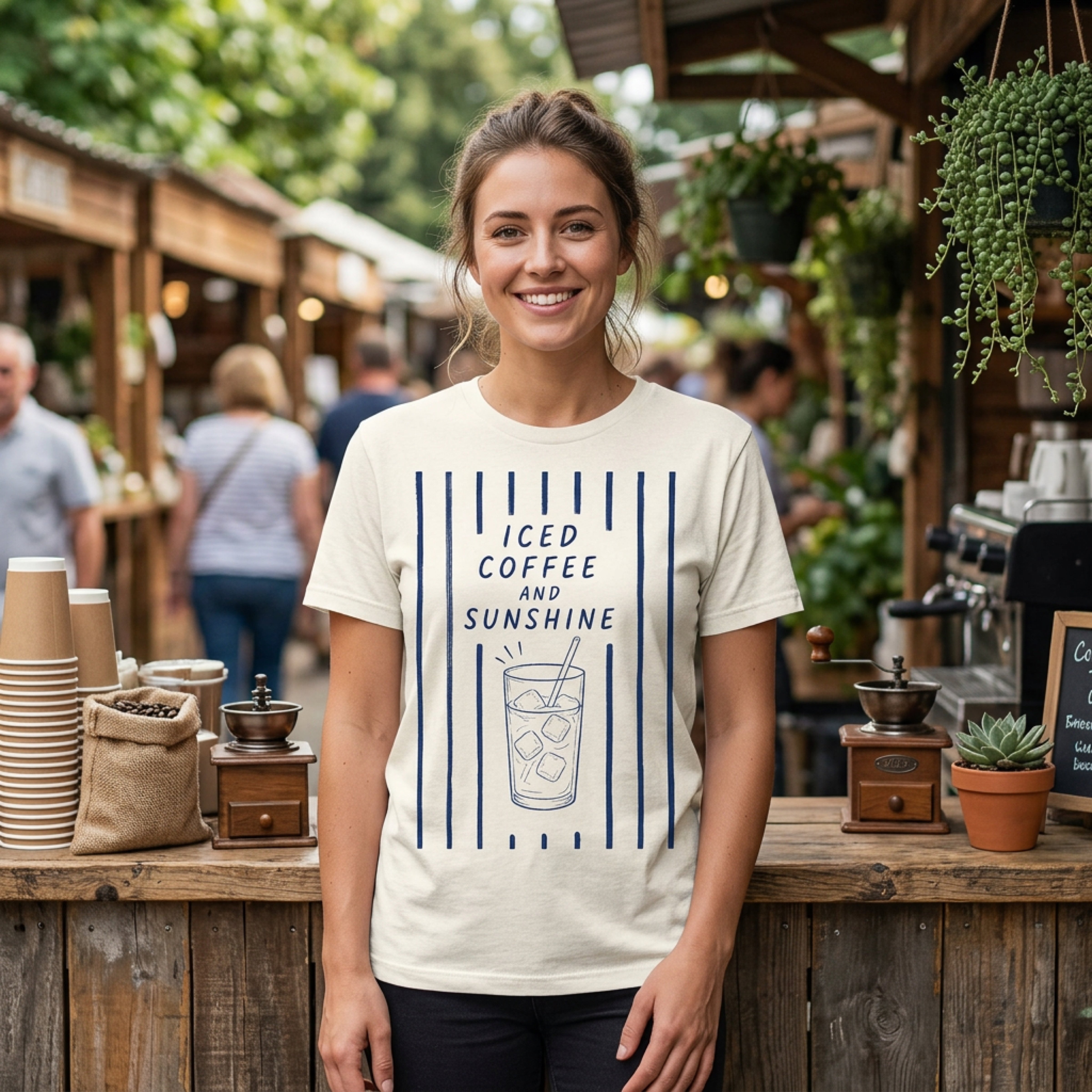 Woman wearing cream t-shirt with iced coffee and sunshine graphic.