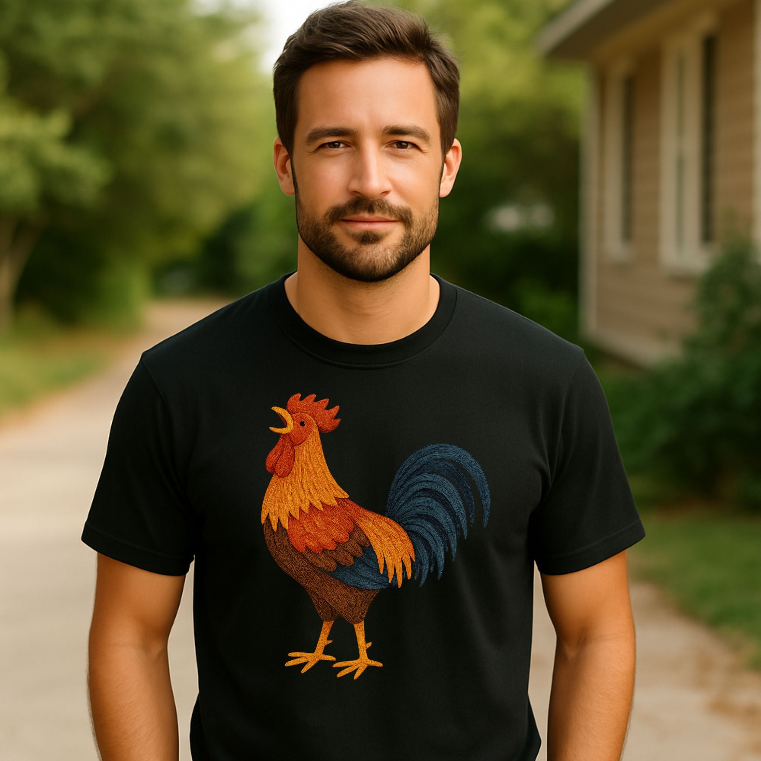 Colorful Rooster Graphic Design Black T-shirt