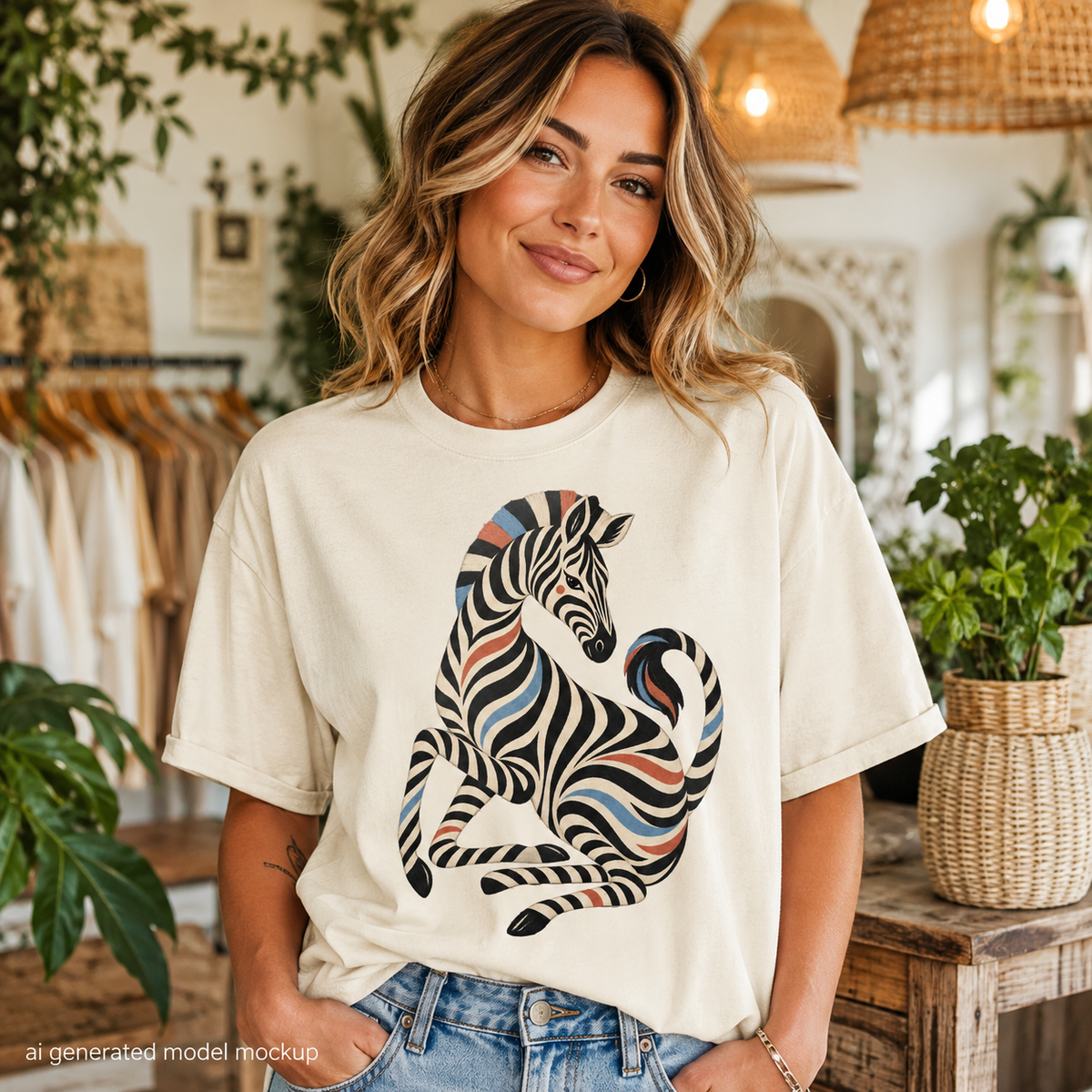 Cream t-shirt with abstract colorful zebra graphic on a woman.