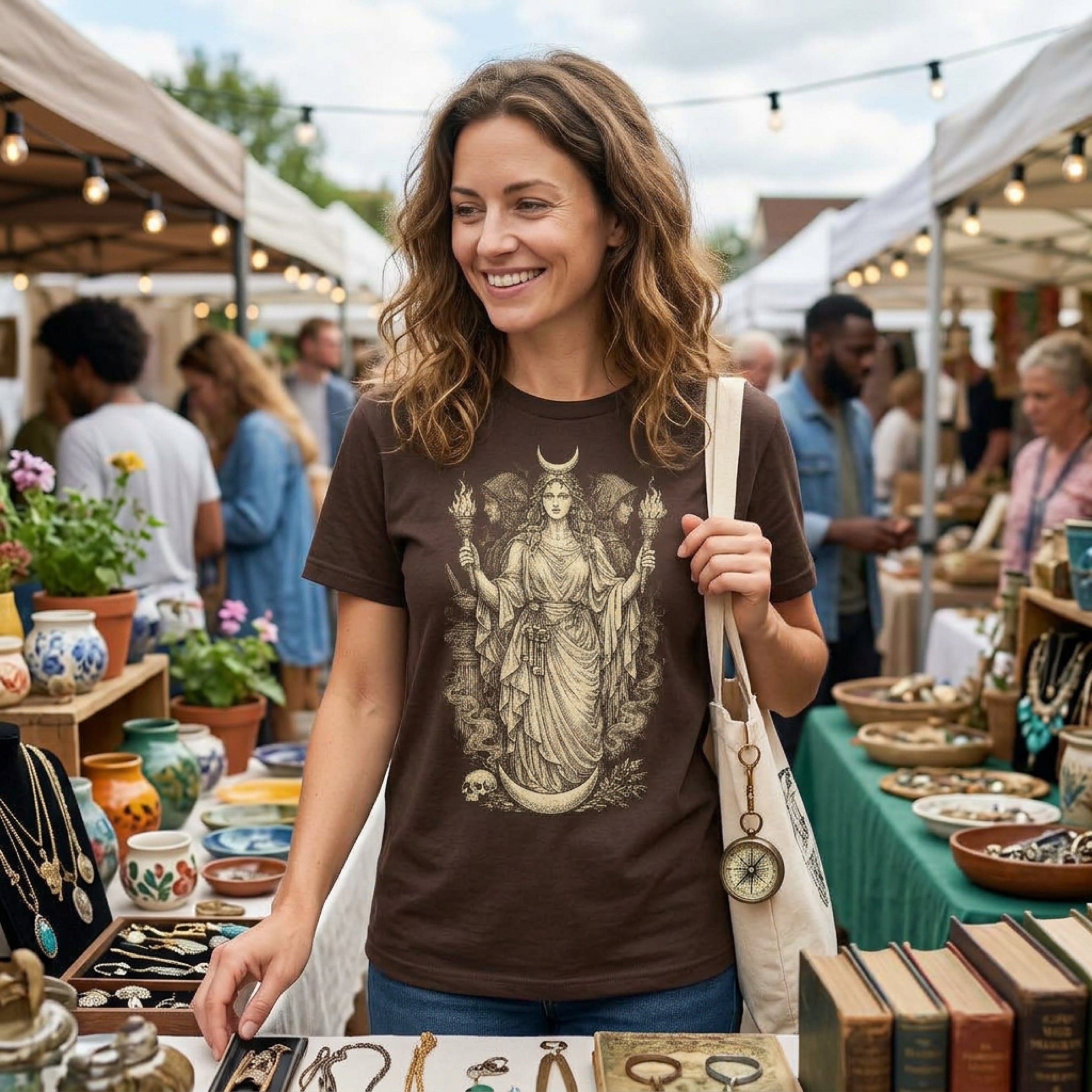 Woman in brown t-shirt displays goddess graphic at outdoor market stall.