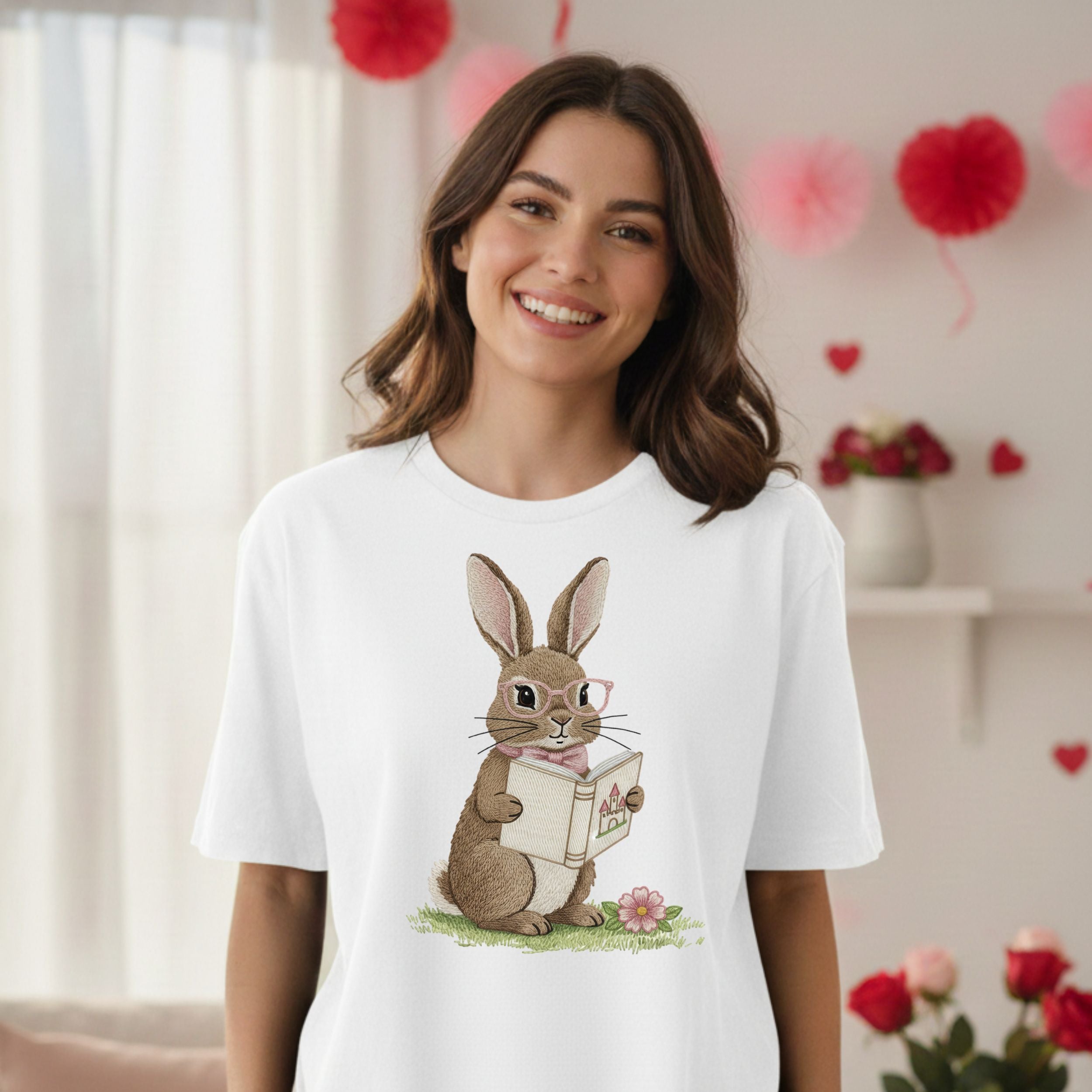 Adorable Rabbit Reading Book Graphic T-Shirt