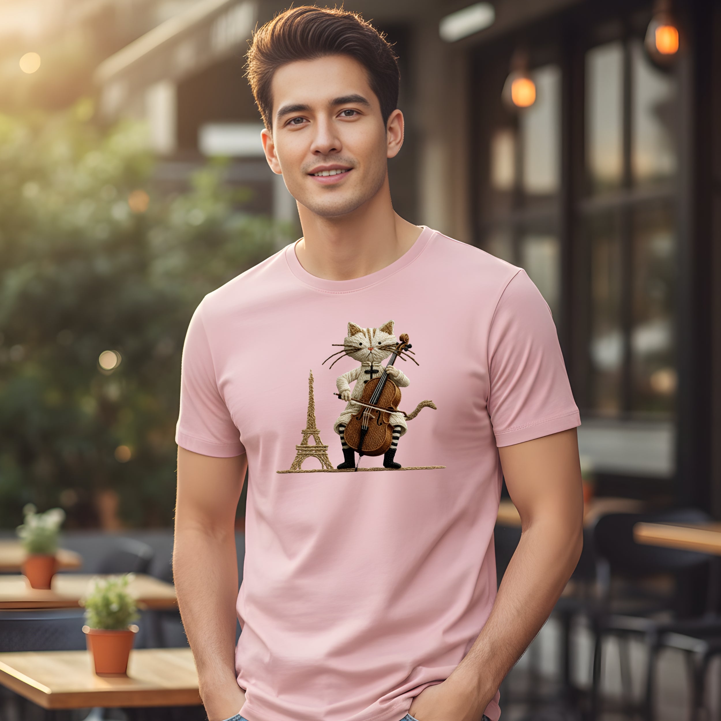 Cat Playing Cello with Eiffel Tower Graphic Tee Shirt