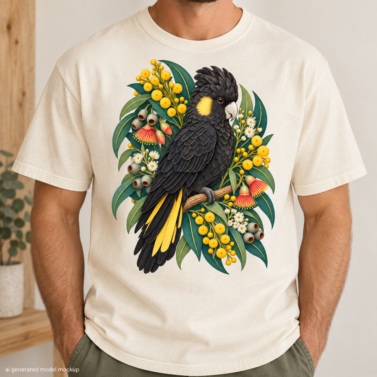 Black cockatoo perched on a branch surrounded by eucalyptus leaves and yellow flowers.