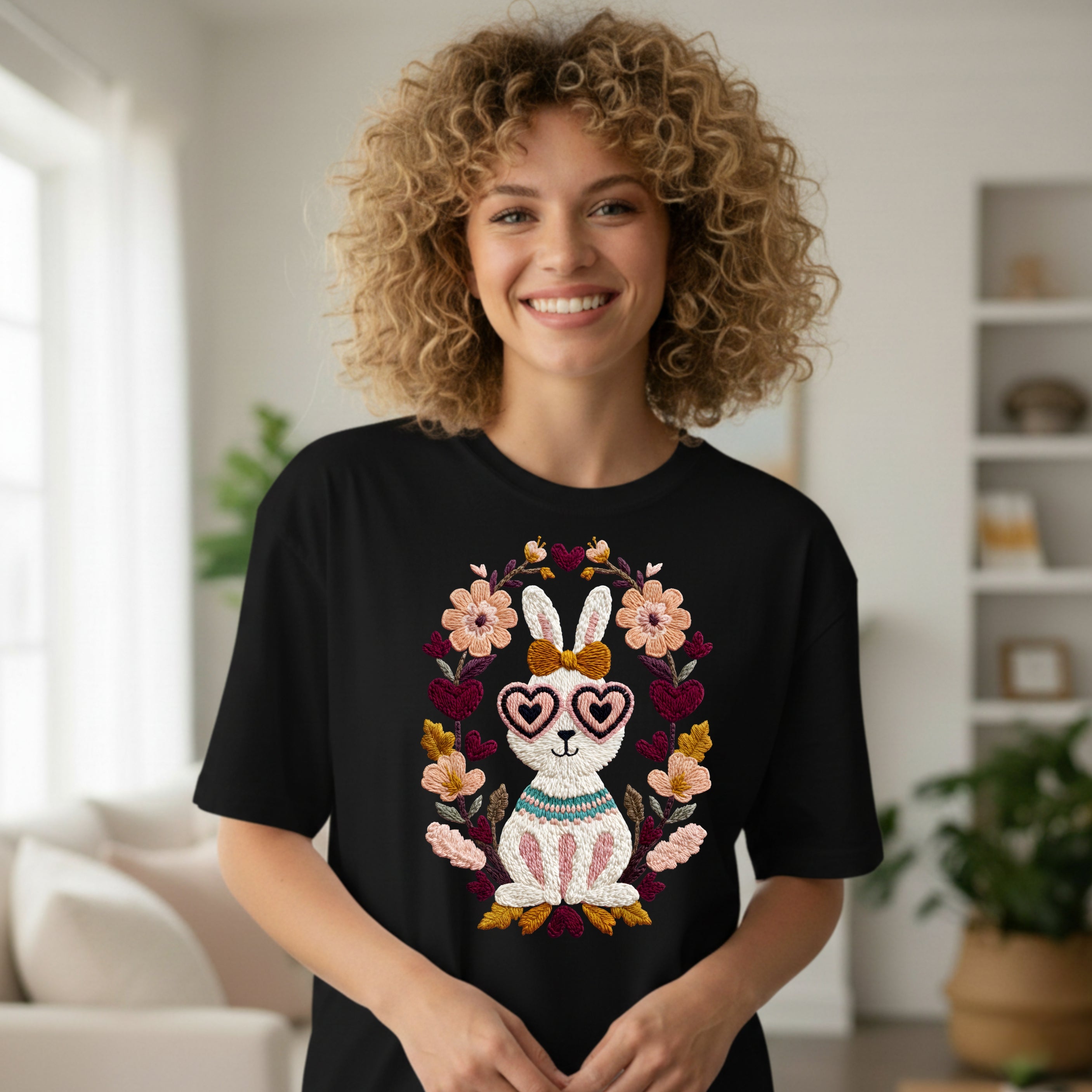 Cute Floral Heart Glasses Bunny Graphic T-Shirt