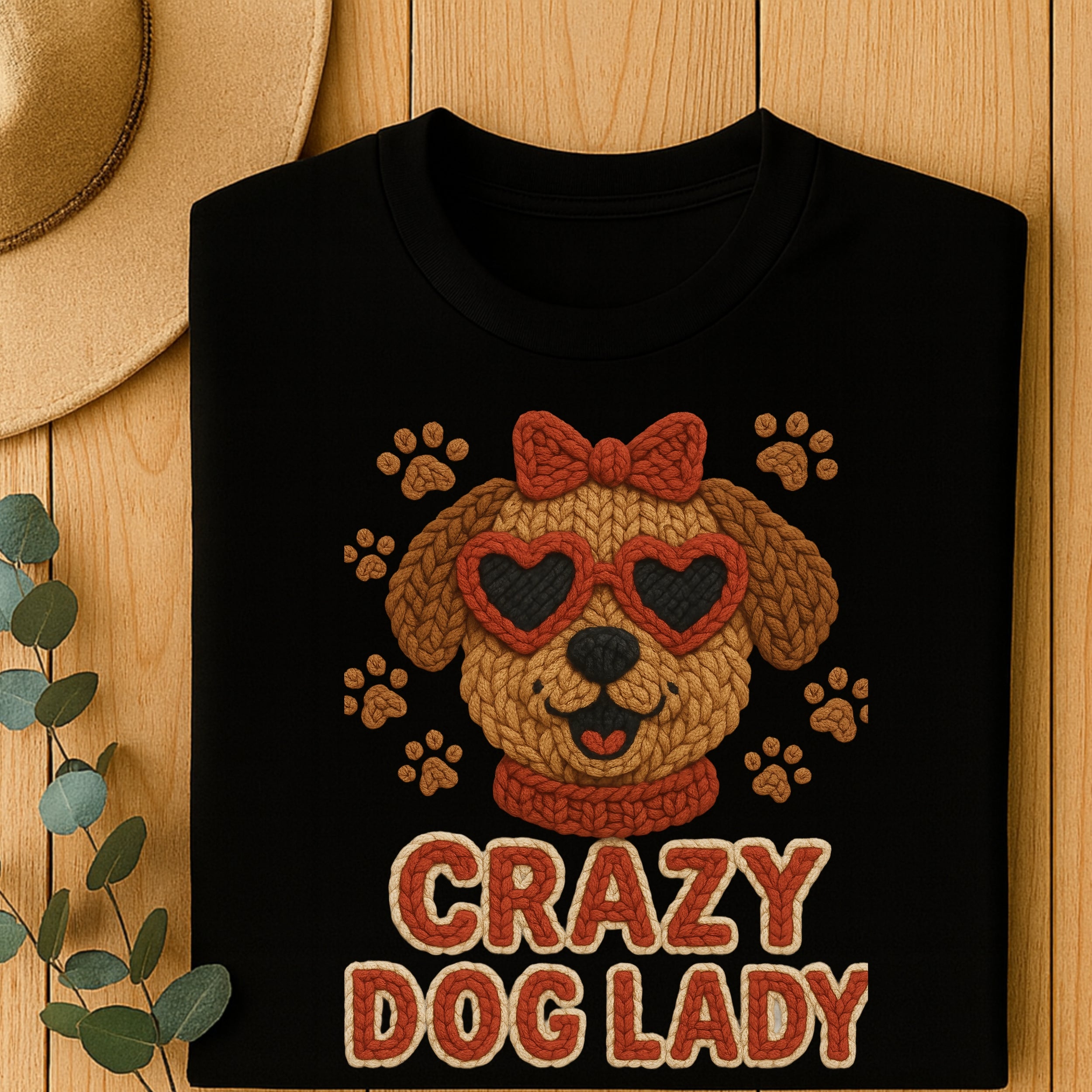 Black t-shirt with a knitted dog wearing heart sunglasses and text "Crazy Dog Lady".