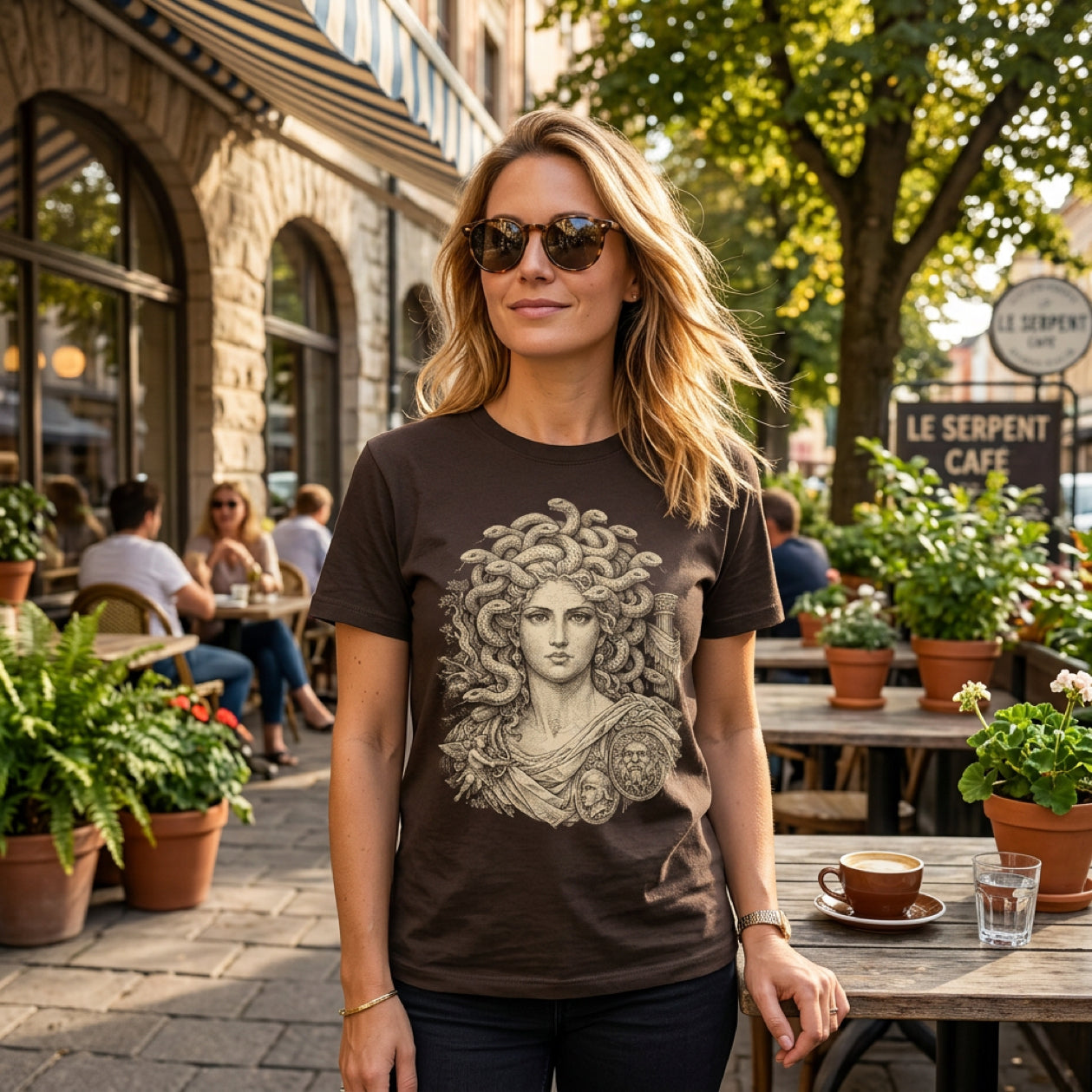 Woman wearing a brown t-shirt with a graphic of Medusa's head.
