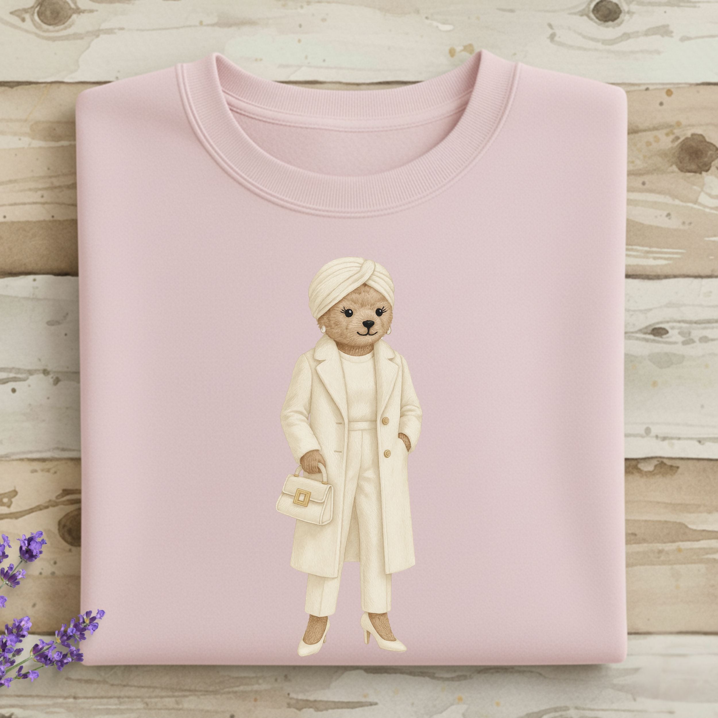 Elegant Bear With Purse Graphic On Pink Sweatshirt