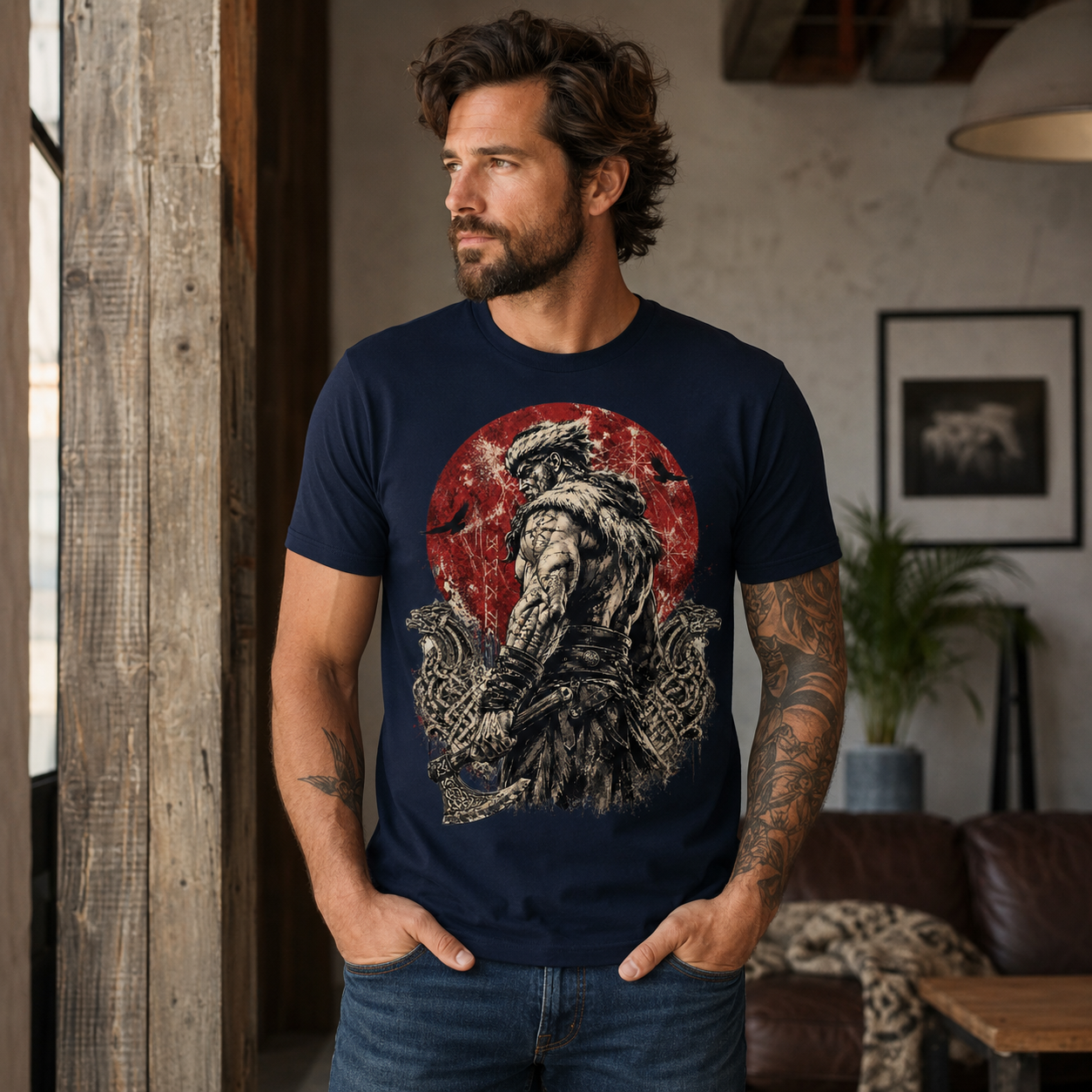 Man wearing navy t-shirt with Viking graphic, hands in pockets.