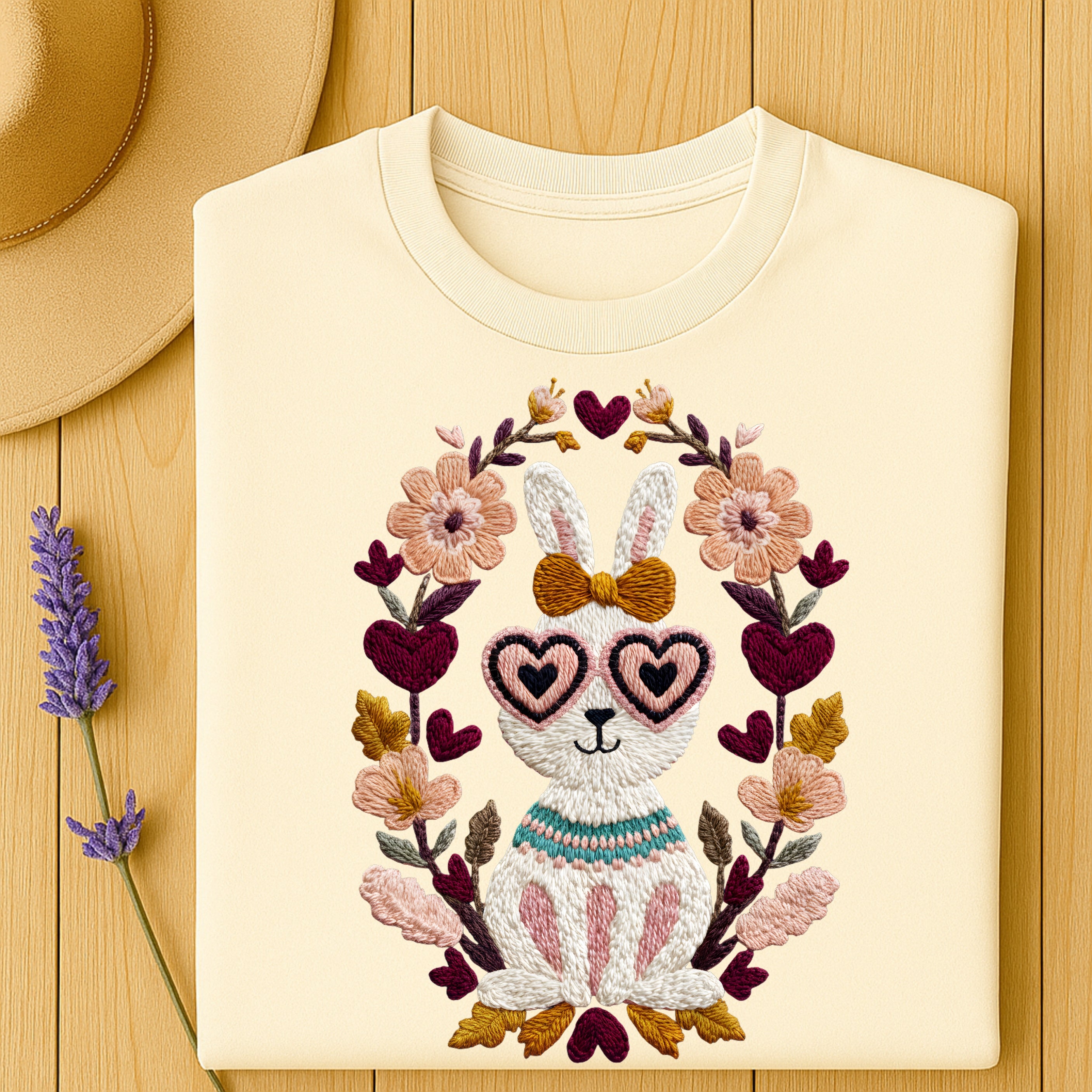 Heart Glasses Bunny Floral Embroidered T-shirt
