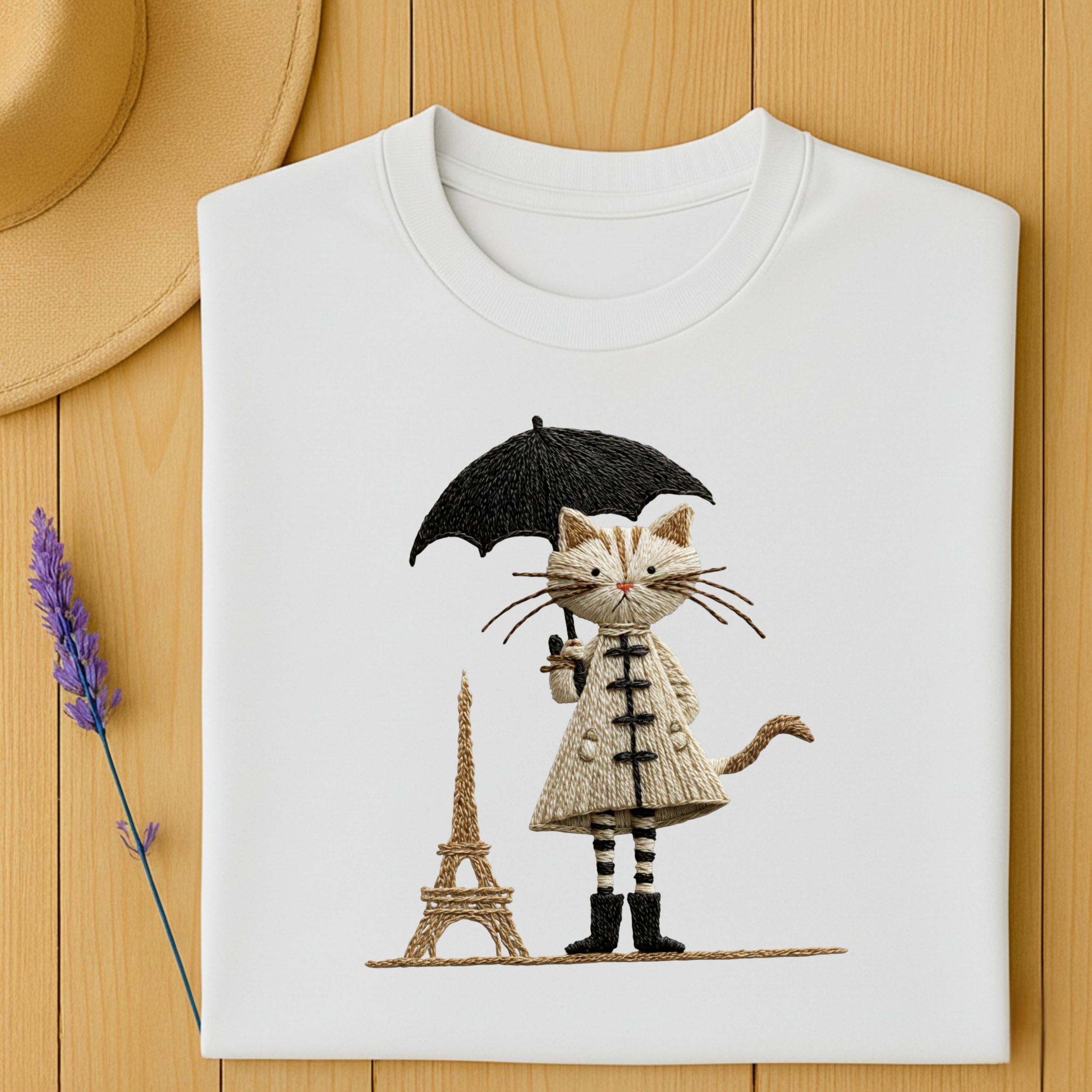 Parisian Cat with Umbrella Embroidered Design Shirt