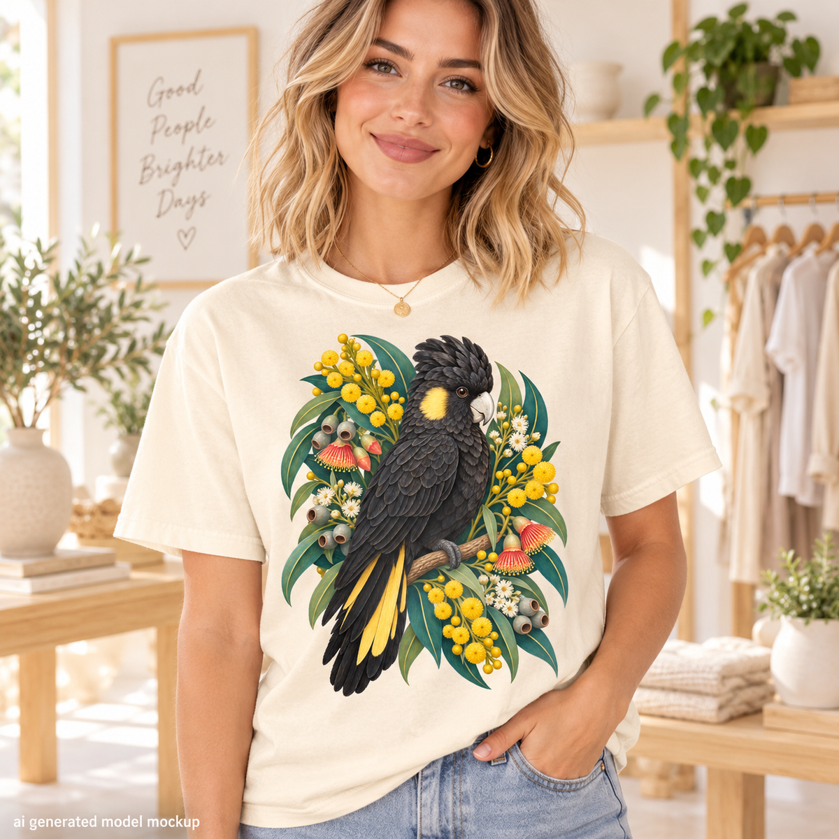 Cream t-shirt with black cockatoo and yellow wattle floral design.