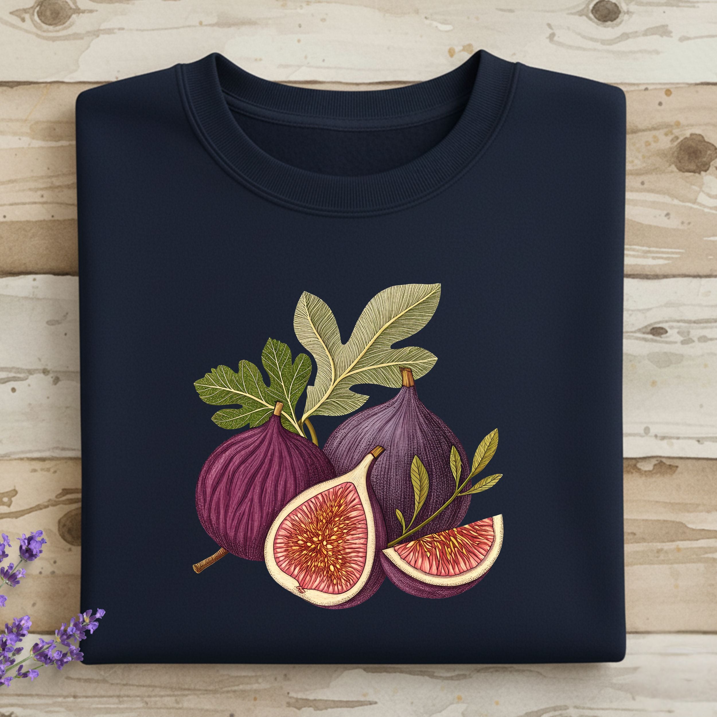Fig Illustration on Folded Navy Blue Sweatshirt Product