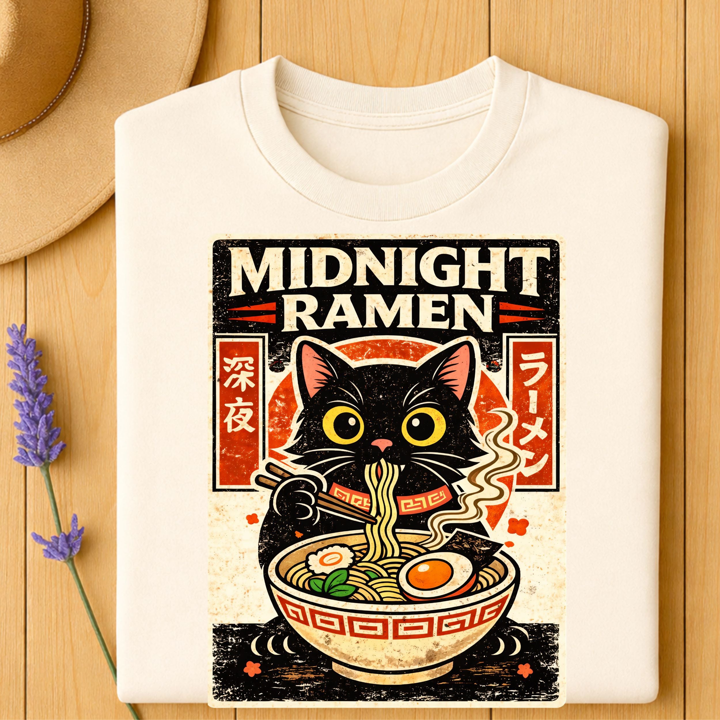 Midnight Ramen Cat Vintage Graphic T-Shirt