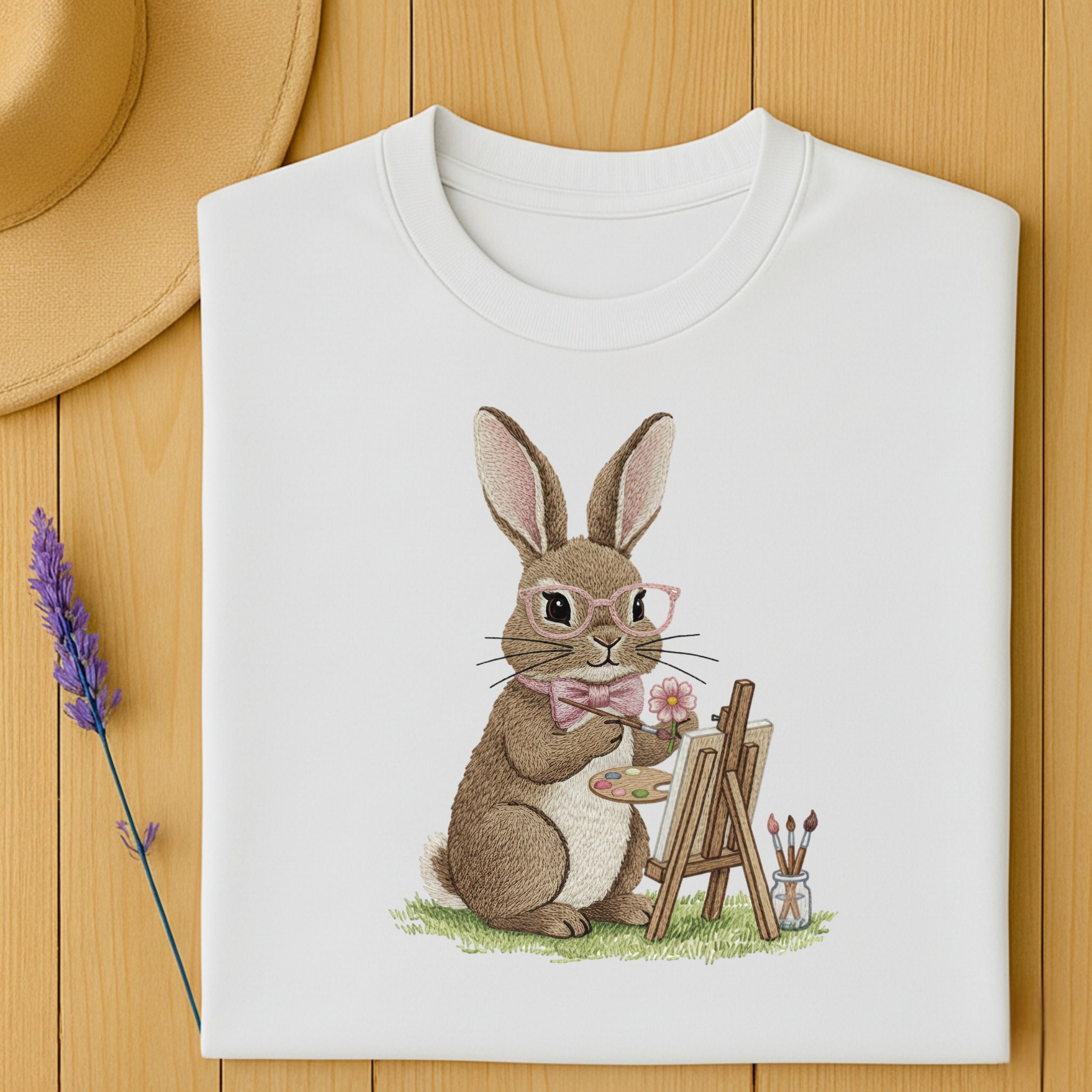 Cute Bunny Painting T-Shirt with Adorable Glasses Graphic