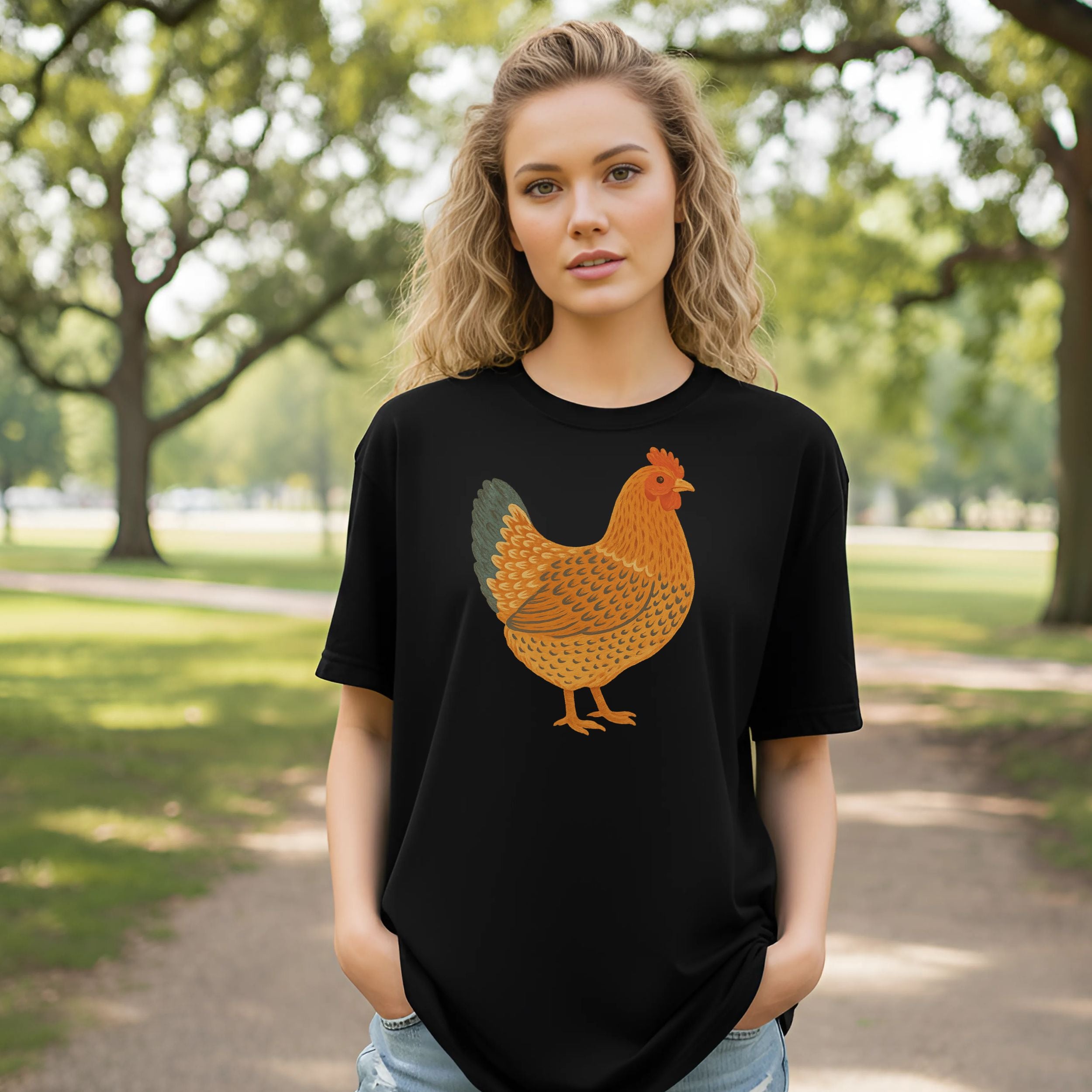 Chicken Graphic Design on Stylish Black T-Shirt Product