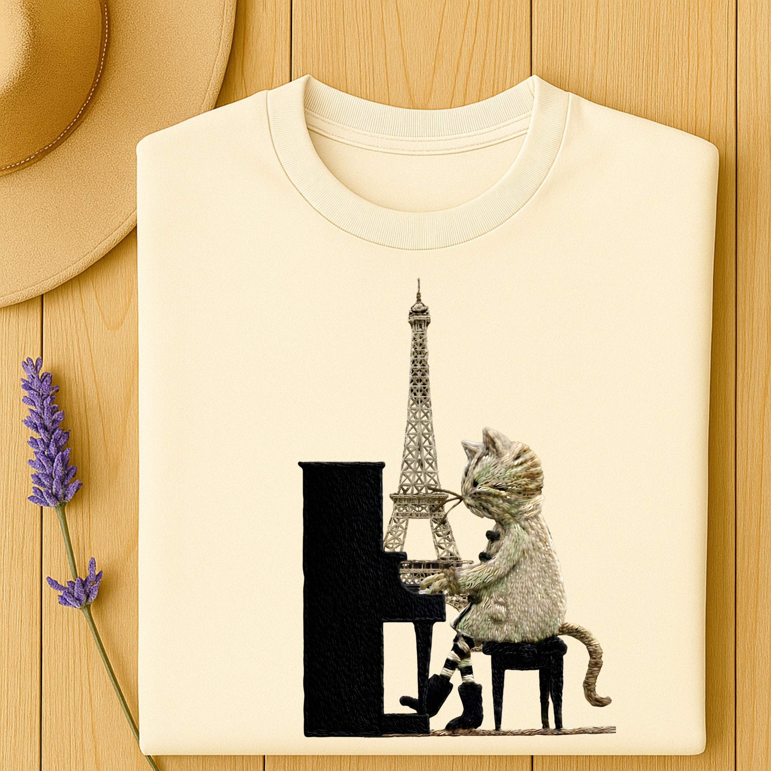 Cat Playing Piano with Eiffel Tower Graphic T-shirt