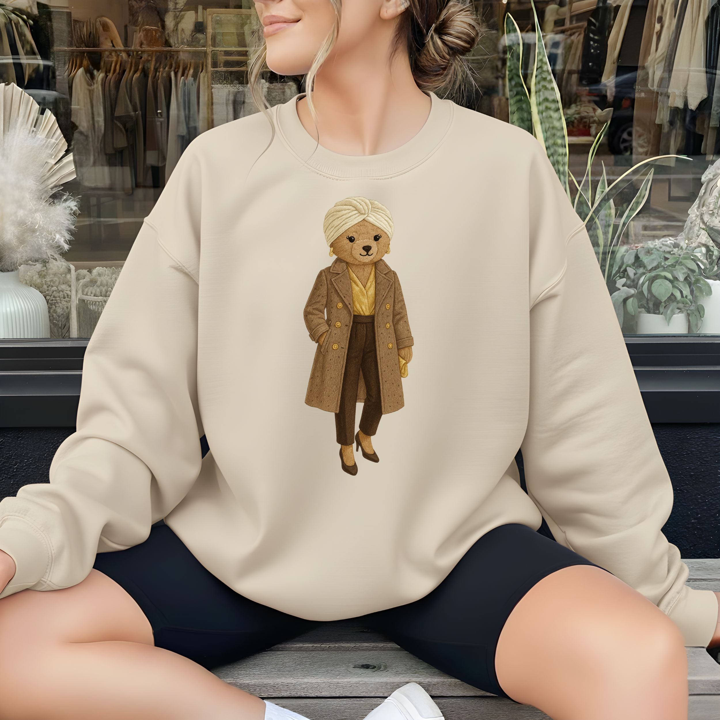 Cute Bear Cartoon Character on Beige Sweatshirt