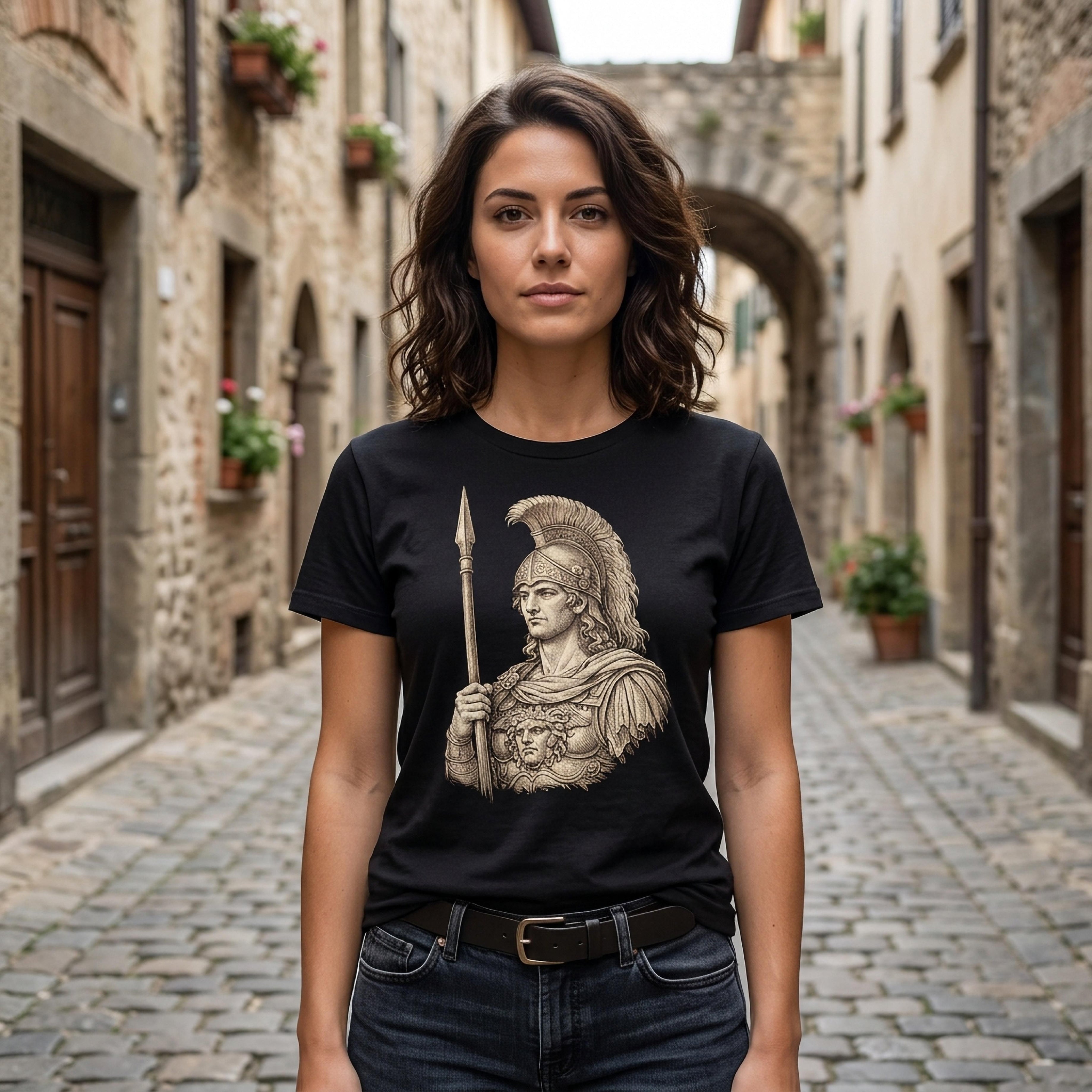 Woman in black t-shirt with Roman warrior graphic stands in cobblestone alley.