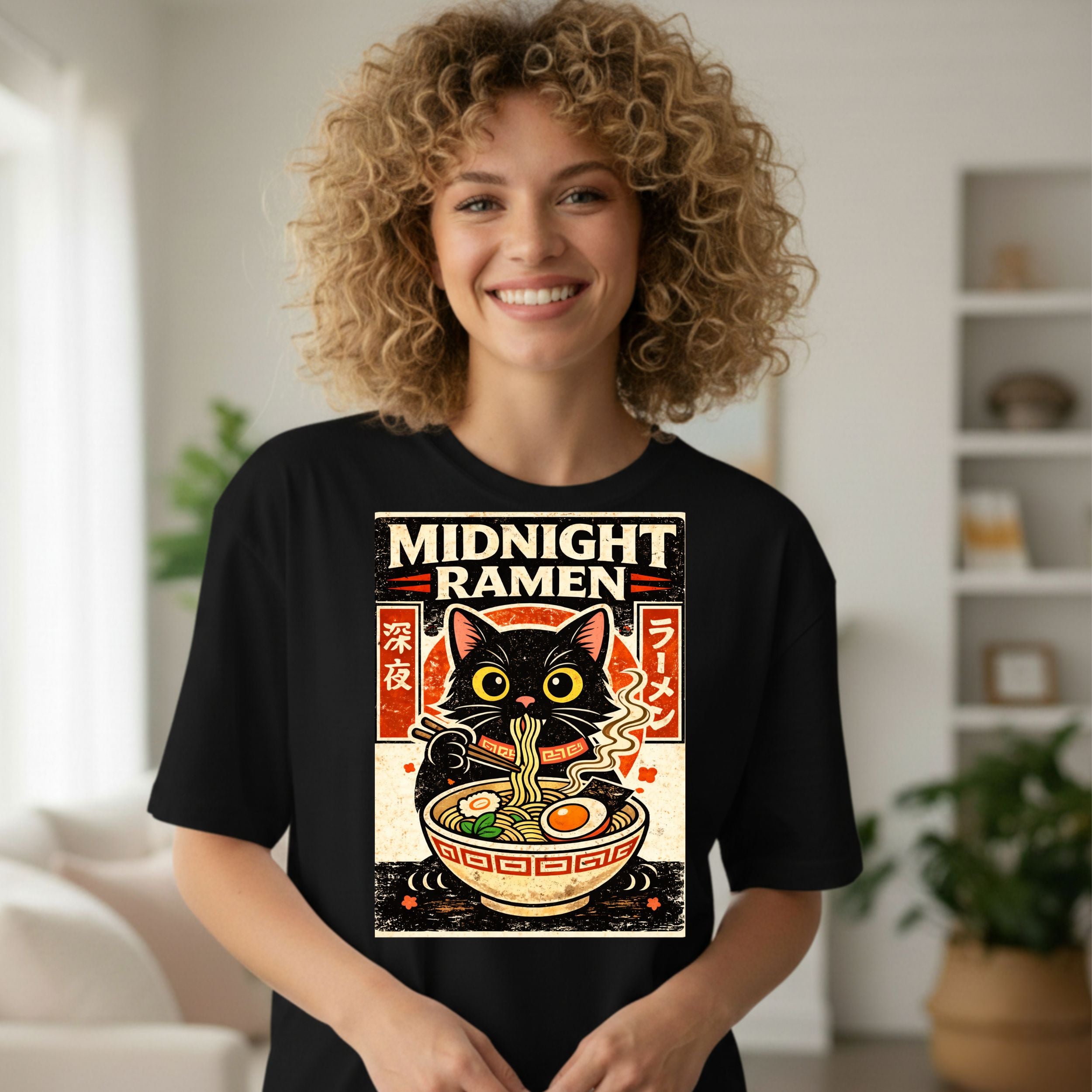 Midnight Ramen Cat Retro Design T-Shirt