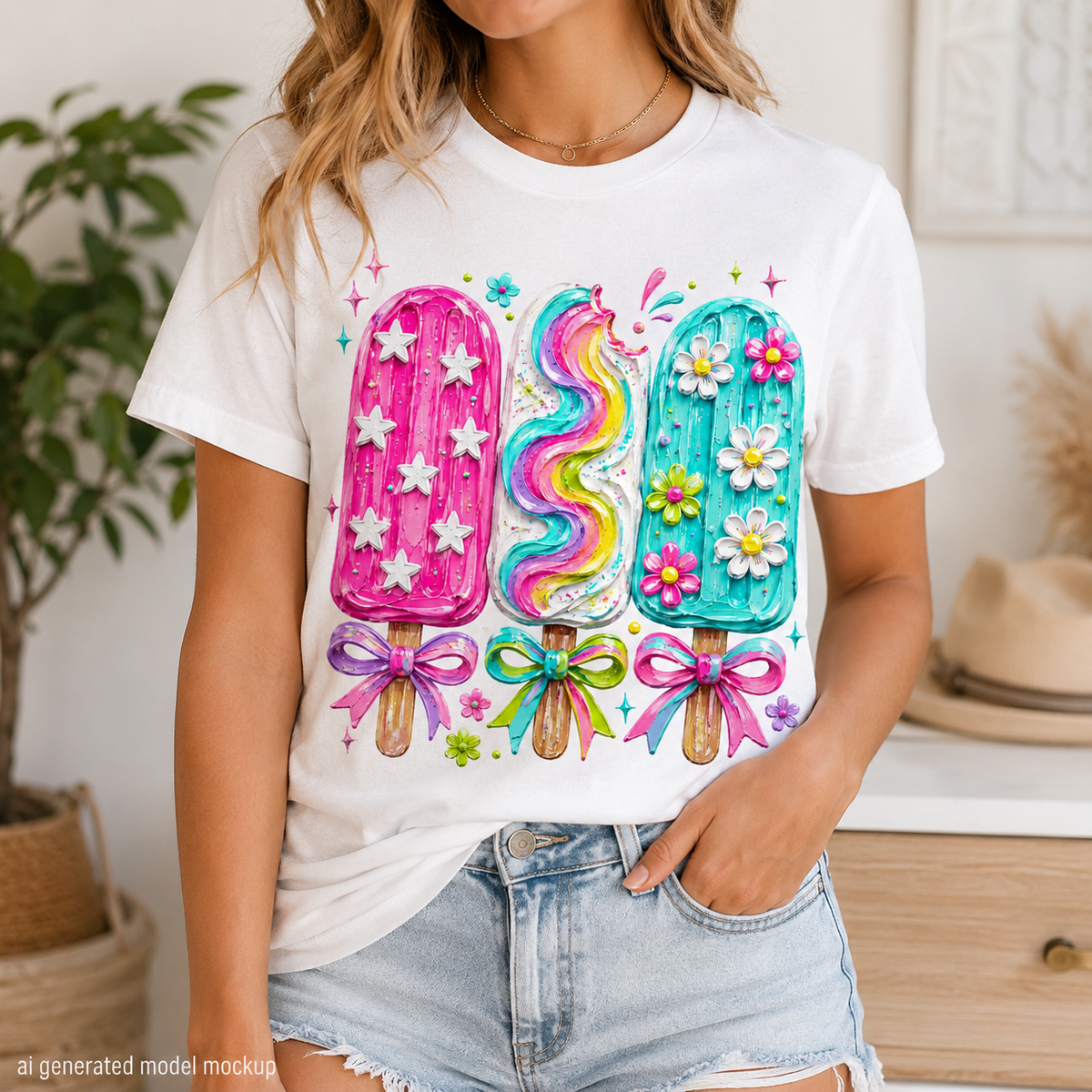 Three colorful popsicles with stars, swirls, and flowers on a white t-shirt.