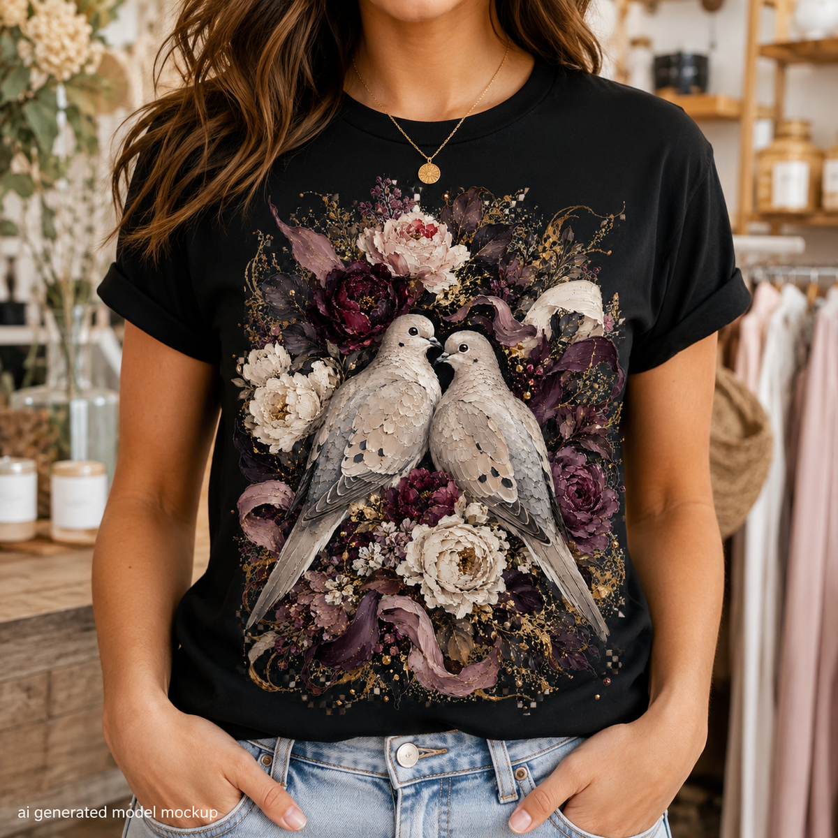 Black t-shirt with floral design featuring two doves and dark pink and cream roses.
