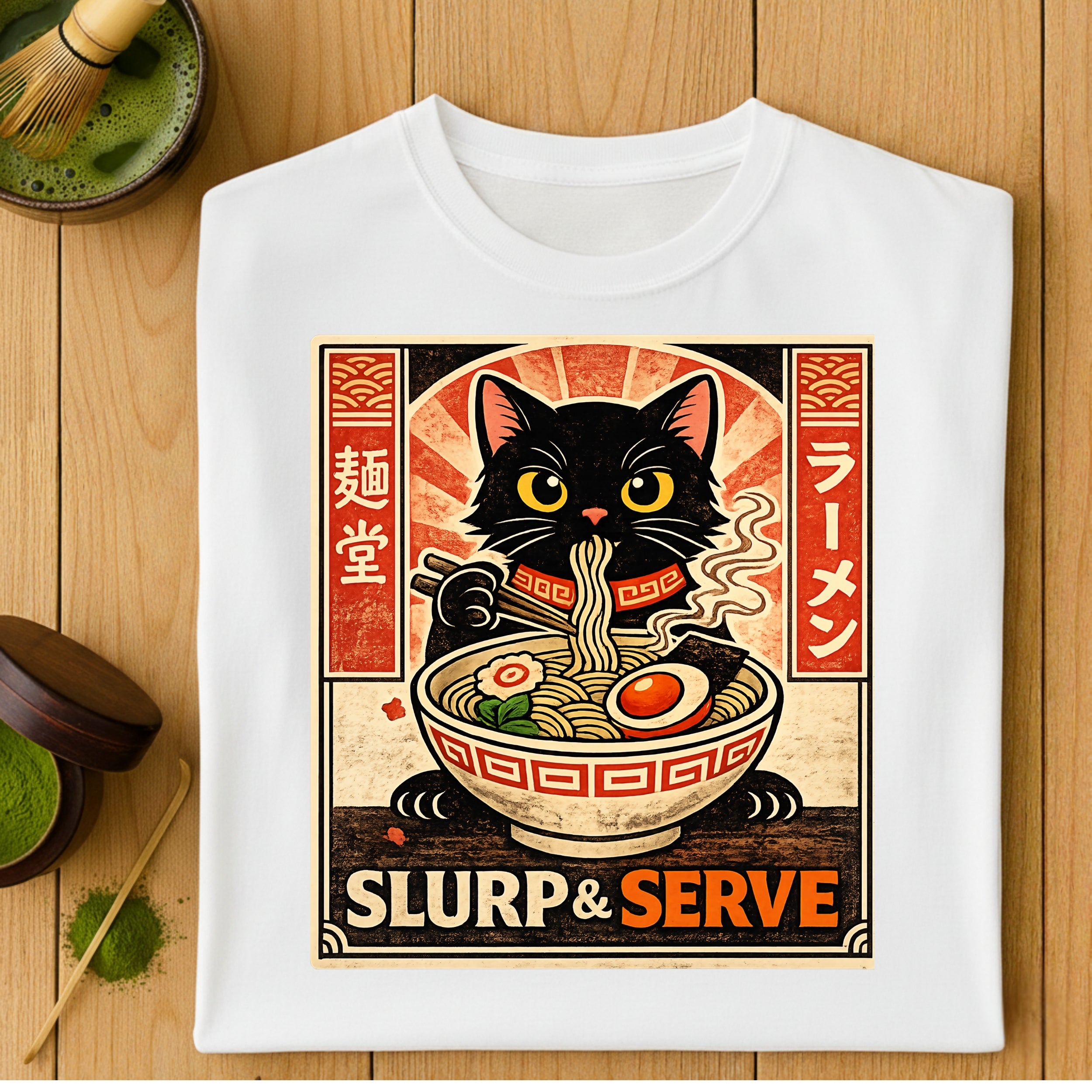 Slurp & Serve Ramen Cat Graphic Tee for Food Lovers