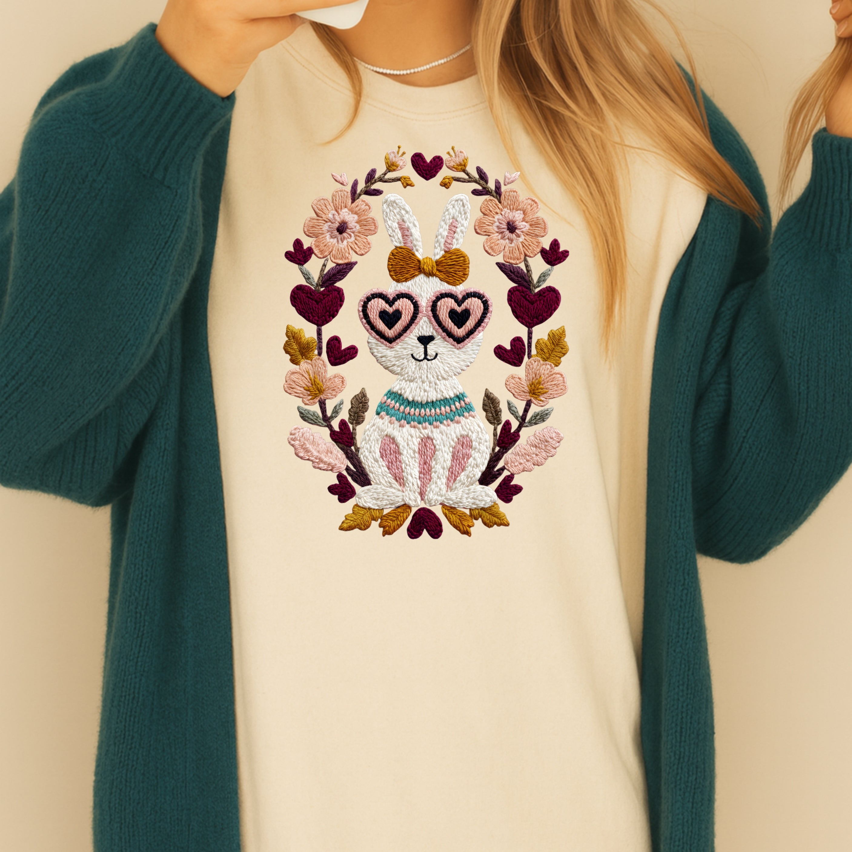 Cute Bunny with Heart Glasses Embroidered Shirt