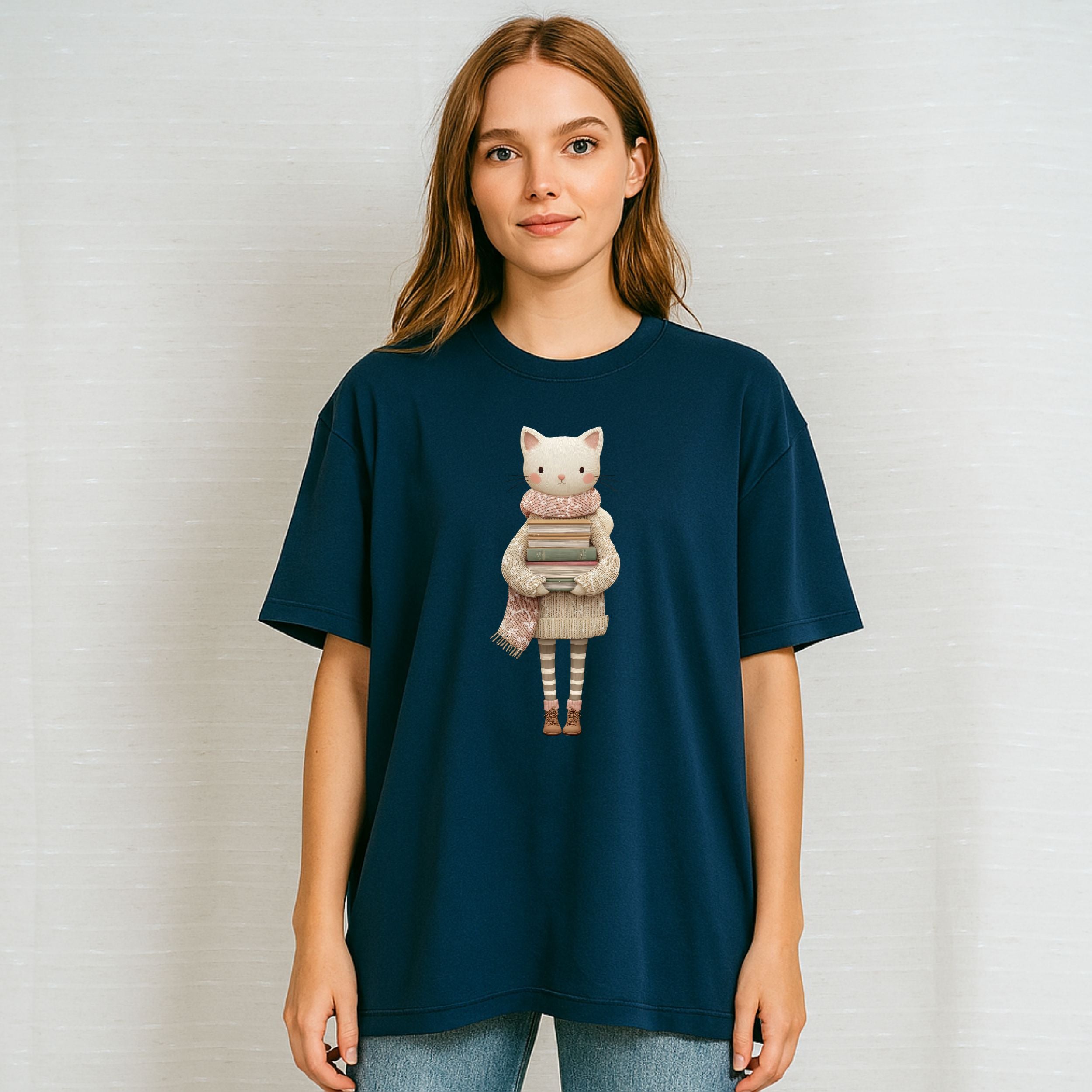 Adorable Cat with Books Graphic on Navy Blue T-Shirt