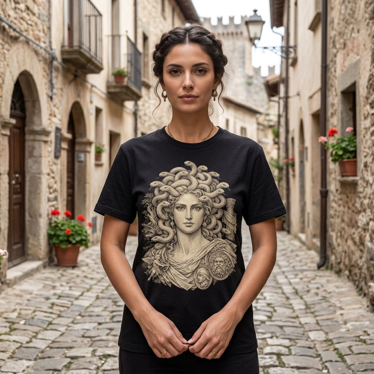 Black t-shirt with Medusa illustration, woman in Roman street.