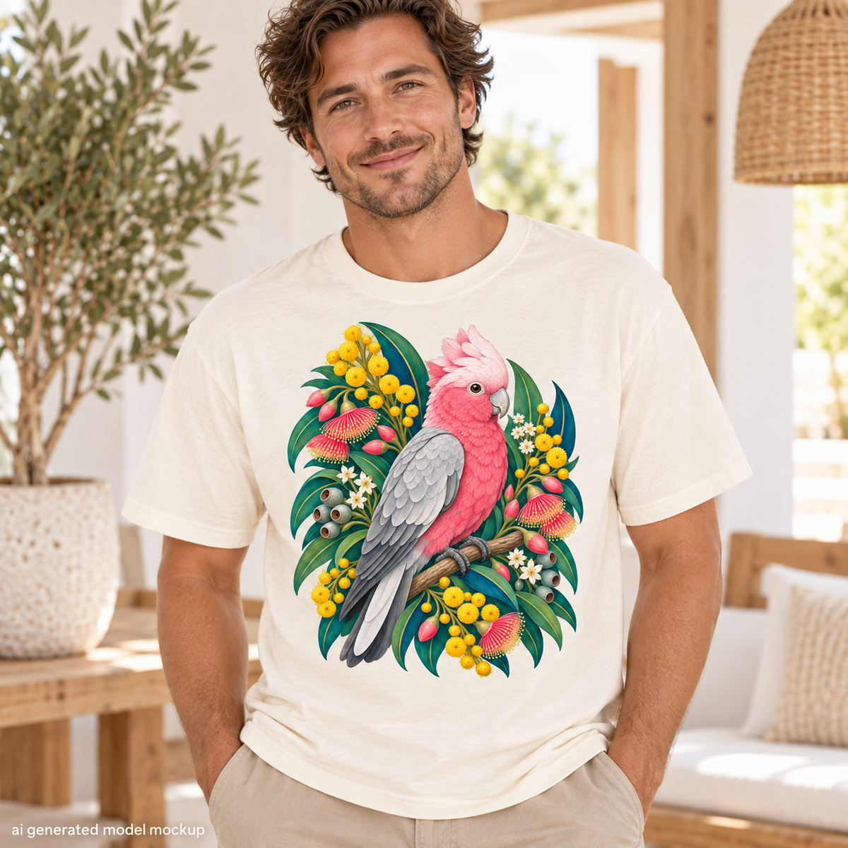 Cream t-shirt with pink and gray cockatoo illustration surrounded by foliage and flowers.