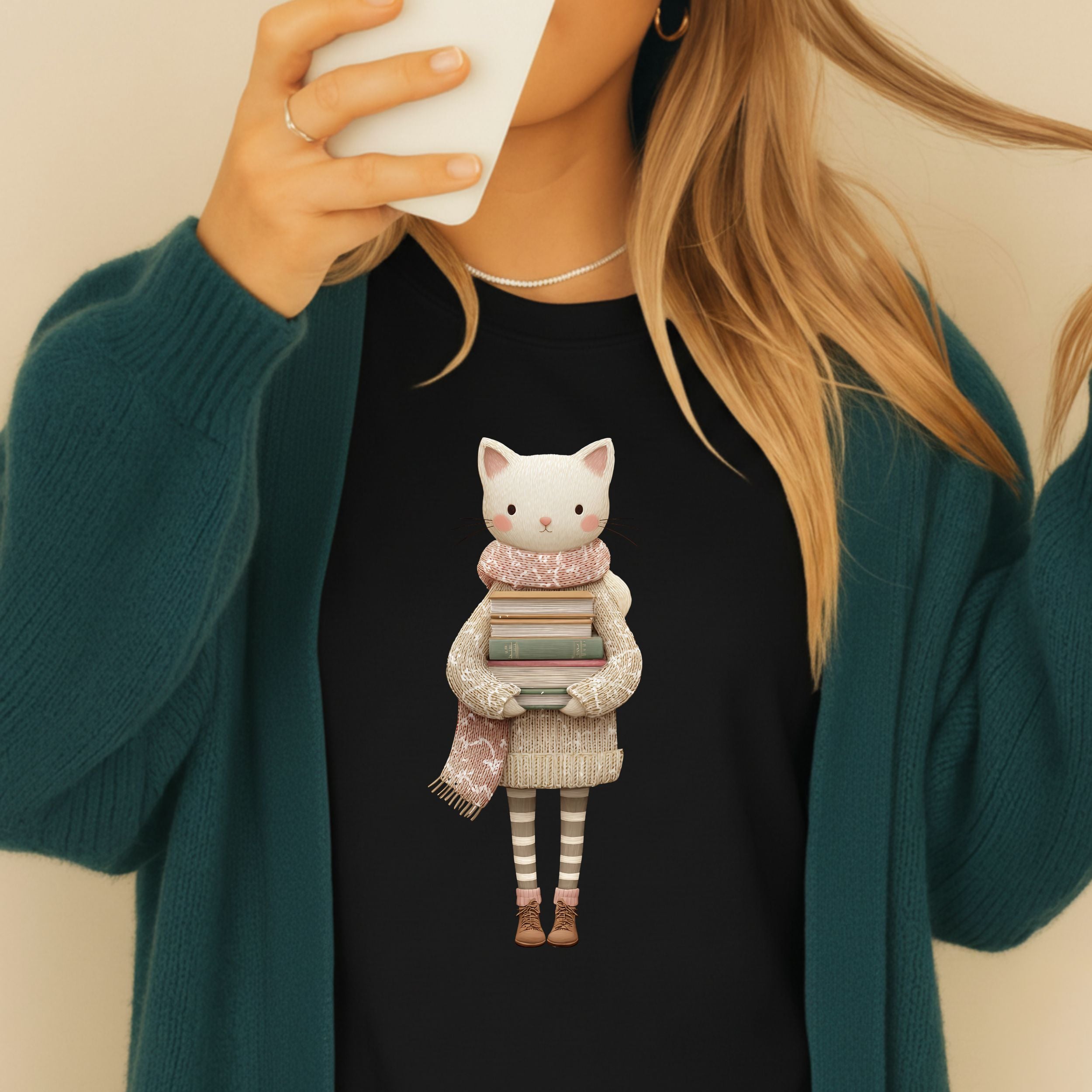 Cute Cat Holding Books Graphic Women's Sweater
