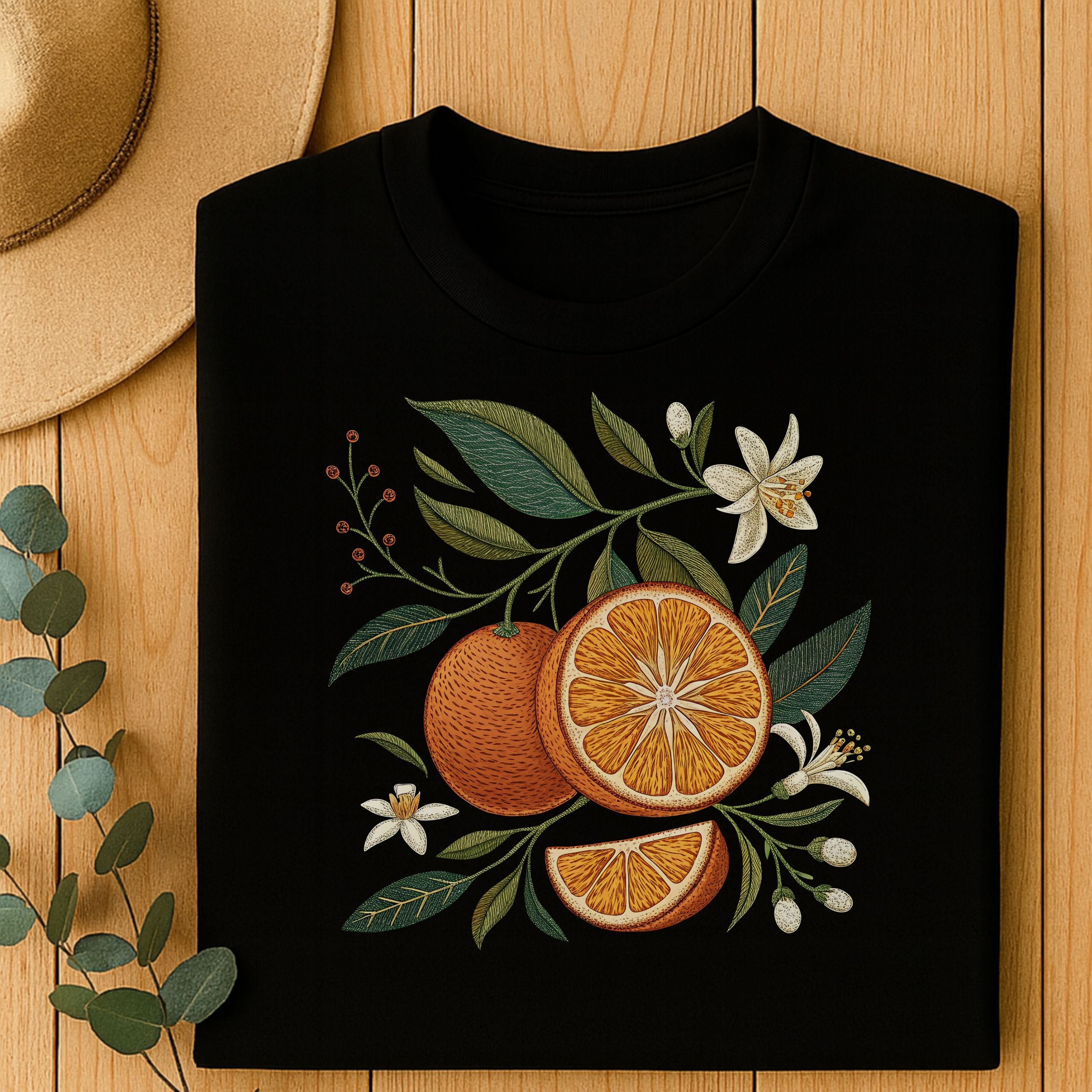 Vibrant Floral and Citrus Design Black Shirt product