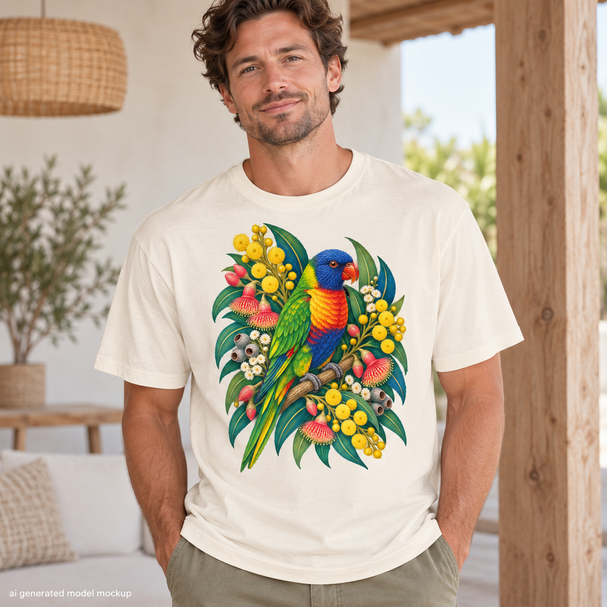 A man wearing a cream t-shirt with a colorful graphic of a parrot amidst tropical foliage.