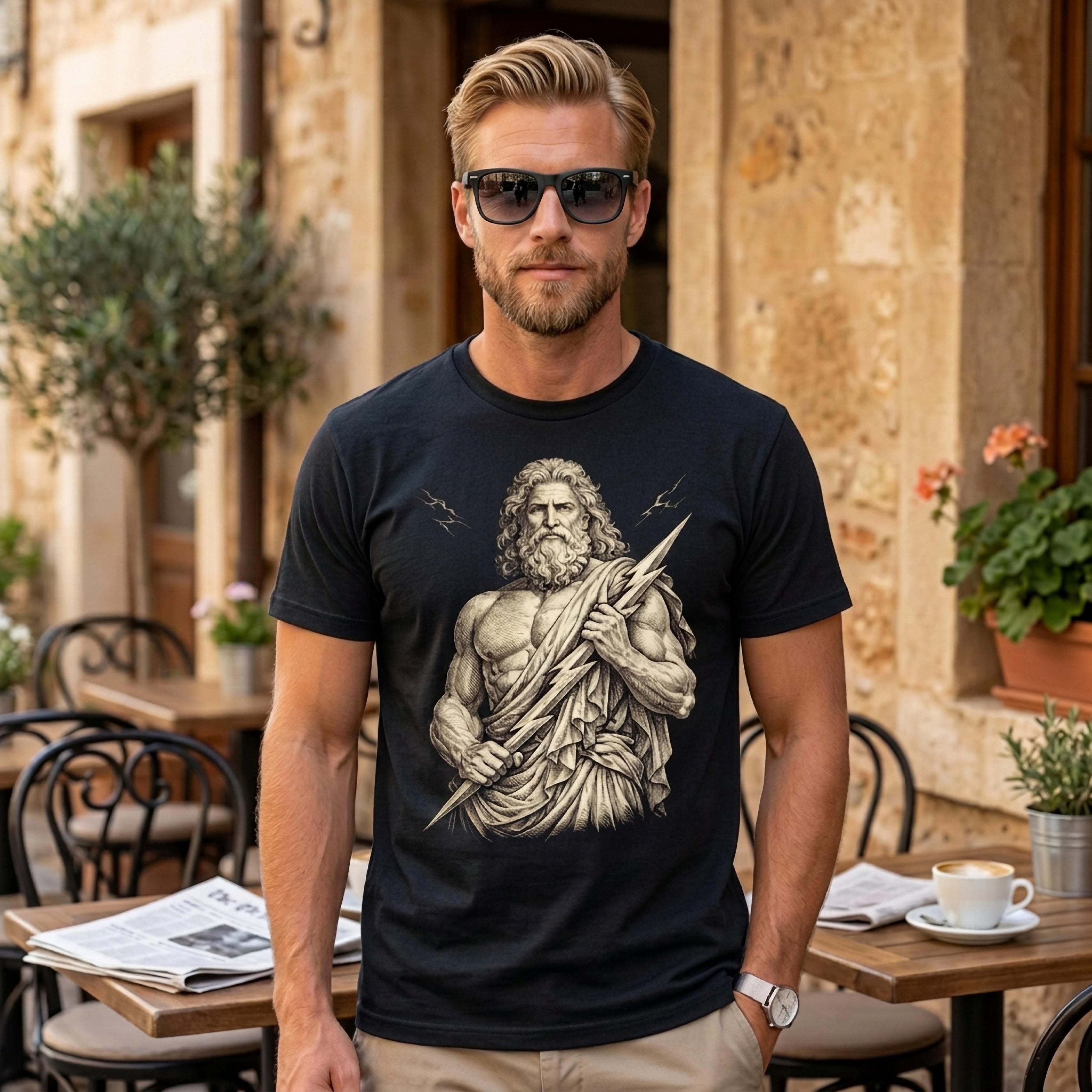Man wearing black t-shirt with drawing of Zeus holding lightning bolt.