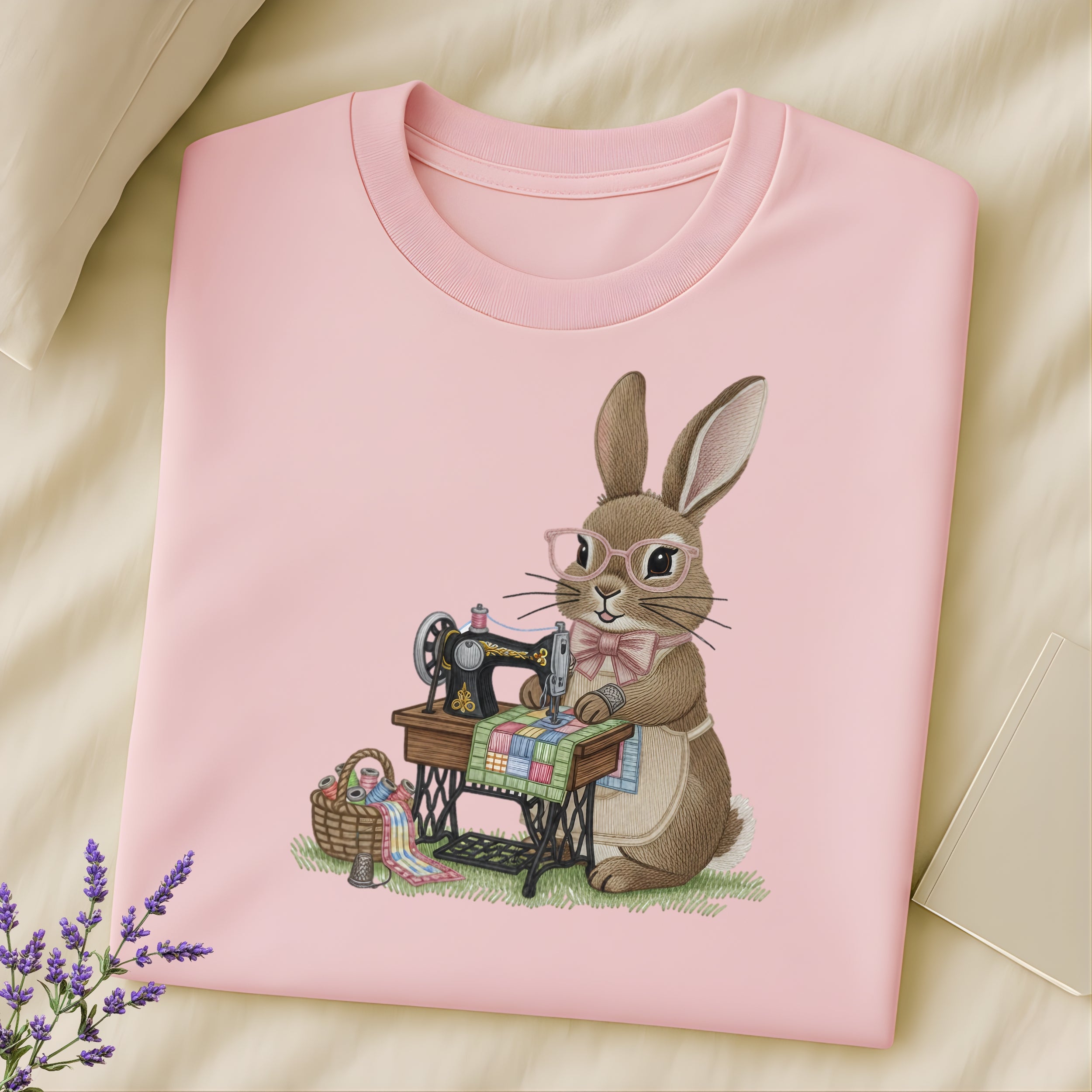 Adorable Sewing Rabbit with Glasses Print T-Shirt