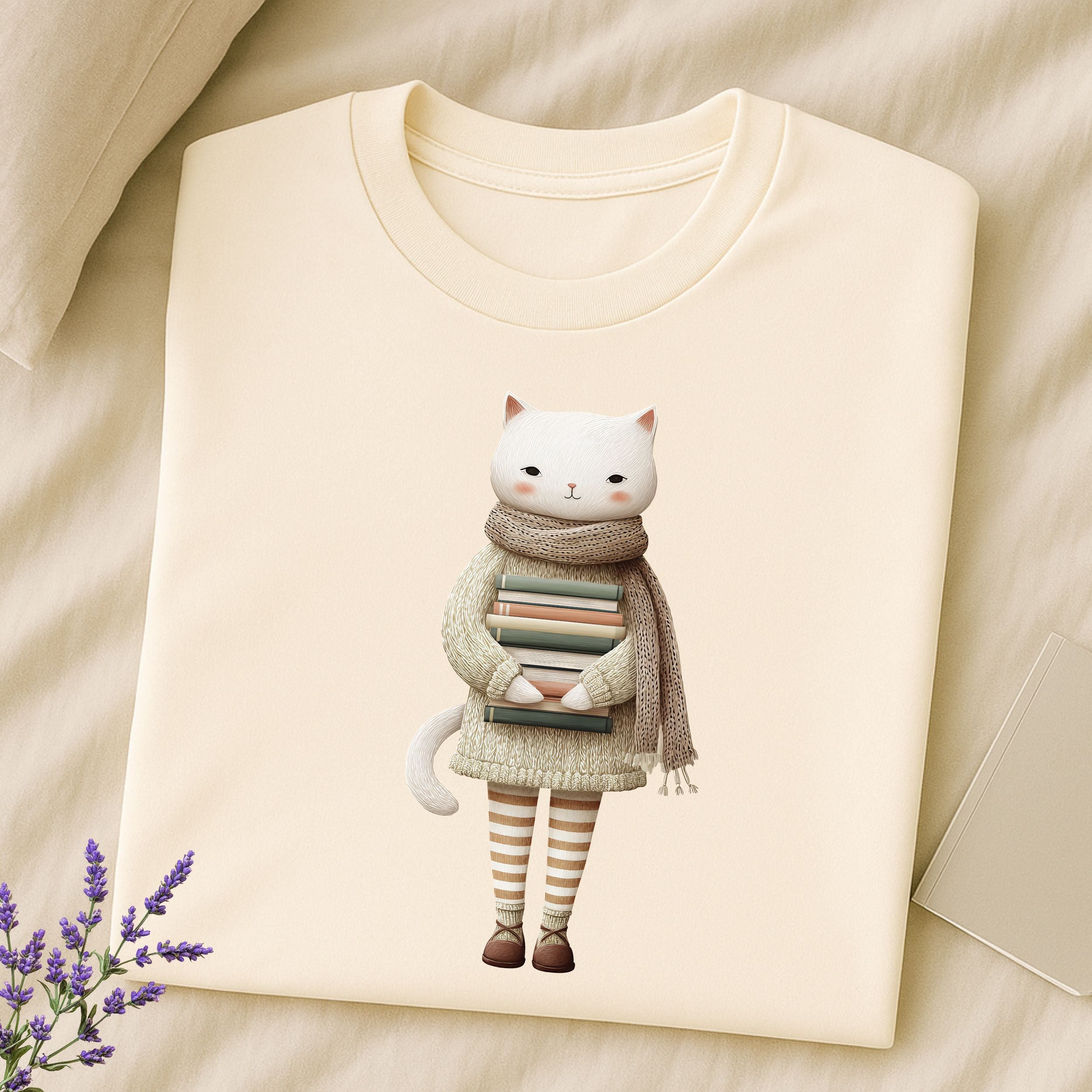 Cute Cat Holding Books Design Cream Colored Product
